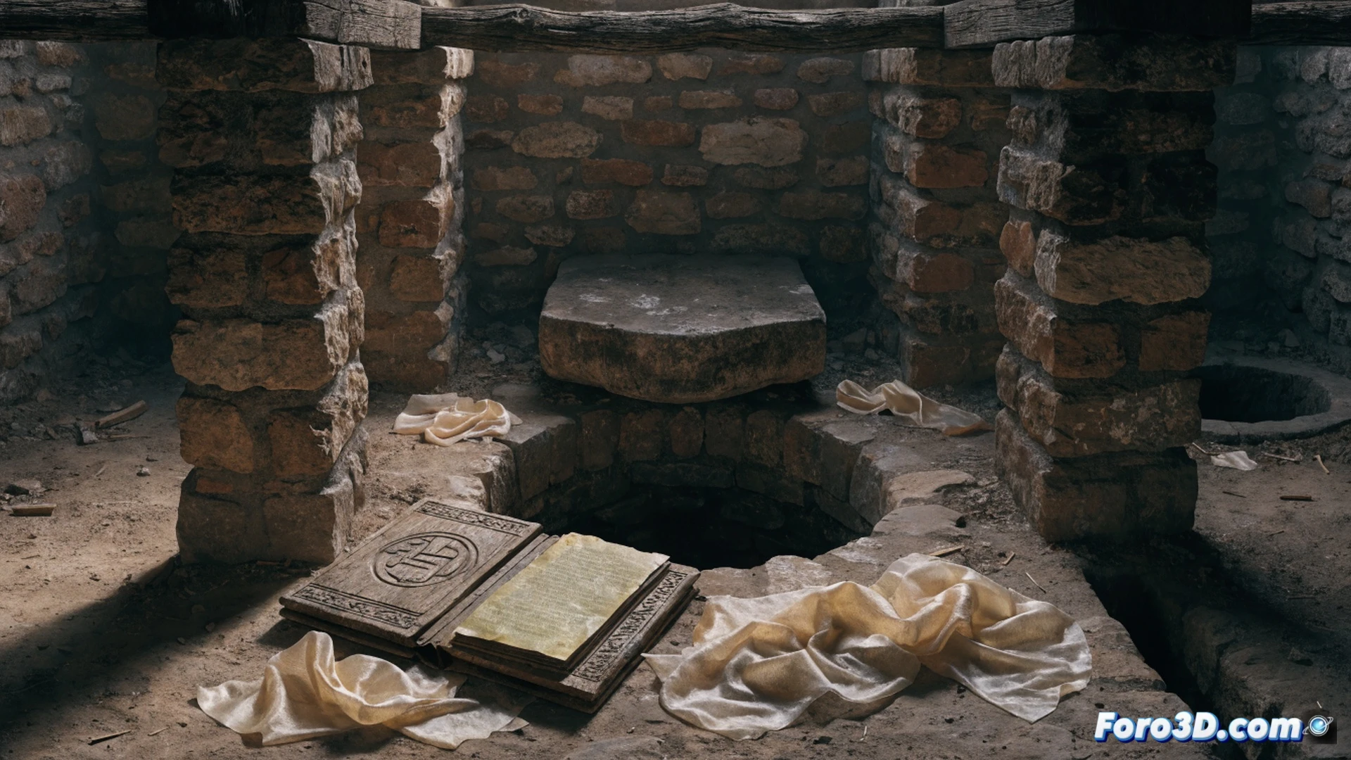 Medieval wooden wax tablet being extracted from dark cesspit sediment, gloved archaeologist hand holding preserved tabula cerata dripping with mud, Latin script faintly visible on wax surface, silk cloth remnants floating in stagnant water beside tablet, stone toilet seat in background, moist stone walls with moss, cinematic archaeological dig lighting, dramatic shadows, photorealistic technical illustration, ultra-detailed wood grain and wax texture, moisture droplets on ancient surface, historical preservation context visible