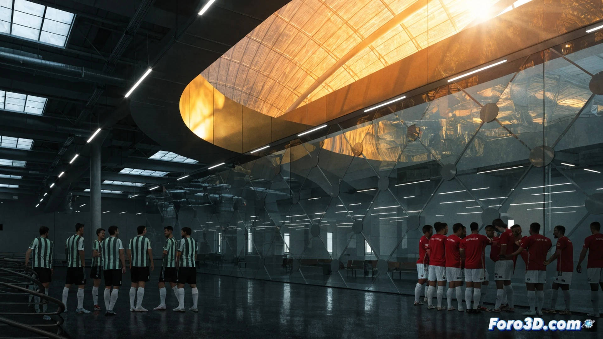 luxury football training facility being repurposed, empty premium locker rooms with polished marble floors and Italian team crests being removed from walls, Moroccan team staff carrying tactical tablets and sports equipment through pristine hallways, state-of-the-art pitch irrigation system spraying water during maintenance, high-end gym equipment unused, cinematic photorealistic render, dramatic contrast between opulent architecture and sudden change of use, golden hour light through floor-to-ceiling windows, hyper-detailed textures on leather seats and carbon fiber training tools, empty stands with fresh paint, technical visualization of abandoned luxury infrastructure