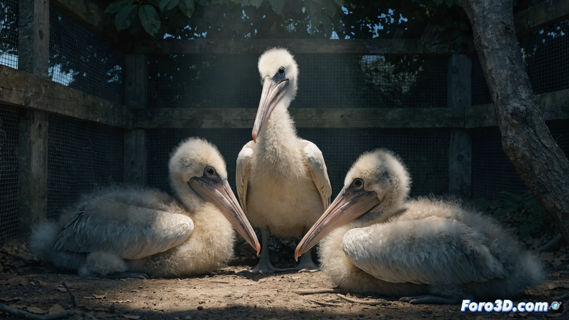 four pelican chicks in a secluded grassy enclosure within St James’s Park London, one chick stretching its wings while another pecks at a feather, adult pelican watching from a wooden platform near a small lake, park bench and lamppost in soft morning light, cinematic nature photography style, photorealistic wildlife scene, shallow depth of field, golden hour glow, protective fencing subtly visible in foreground, mist rising from lake, feather details and downy texture on chicks, ultra-detailed avian anatomy, peaceful urban wildlife moment