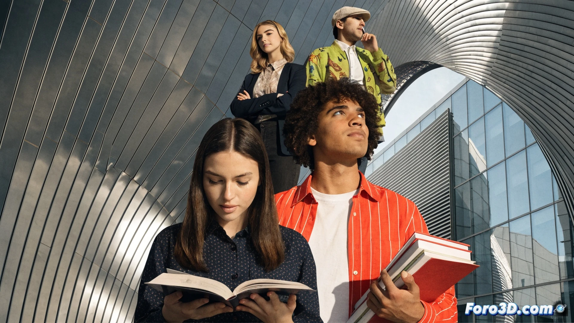 four students standing in a bright classroom at IES Tavernes Blanques, each holding a symbolic object of their field: a Catalan philology book, a law scale, a molecular model of a chemical compound, and an architectural blueprint, while a glowing diploma with a laurel wreath floats above them, sunlight streaming through large windows, technical illustration style, photorealistic render, clean educational setting, focused expressions, dynamic composition, soft cinematic lighting, ultra-detailed textures on papers and models, no text or numbers visible