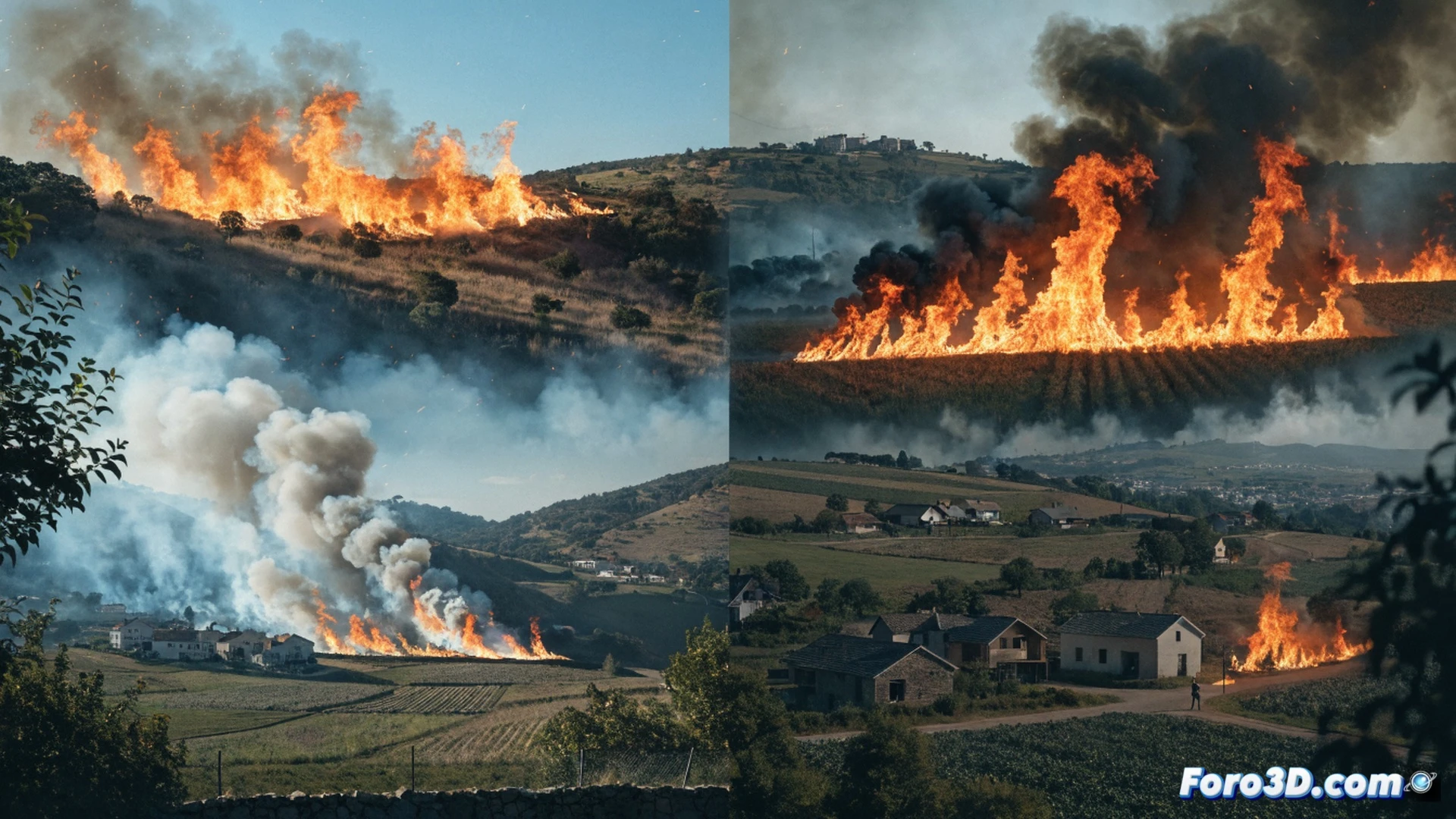aerial view of four distinct wildfire smoke columns across Camp de Morvedre landscape, orange flames consuming dry orange groves near residential outskirts, Guardia Civil patrol car blocking a smoke-filled road with flashing lights, evacuated houses with open doors in foreground, charred agricultural fields and scorched naranjo trees, dramatic dusk lighting with heavy smoke haze, cinematic photorealistic disaster documentary style, ultra-detailed terrain textures, emergency vehicles with hazard lights, realistic fire behavior with ember trails, wide-angle lens perspective