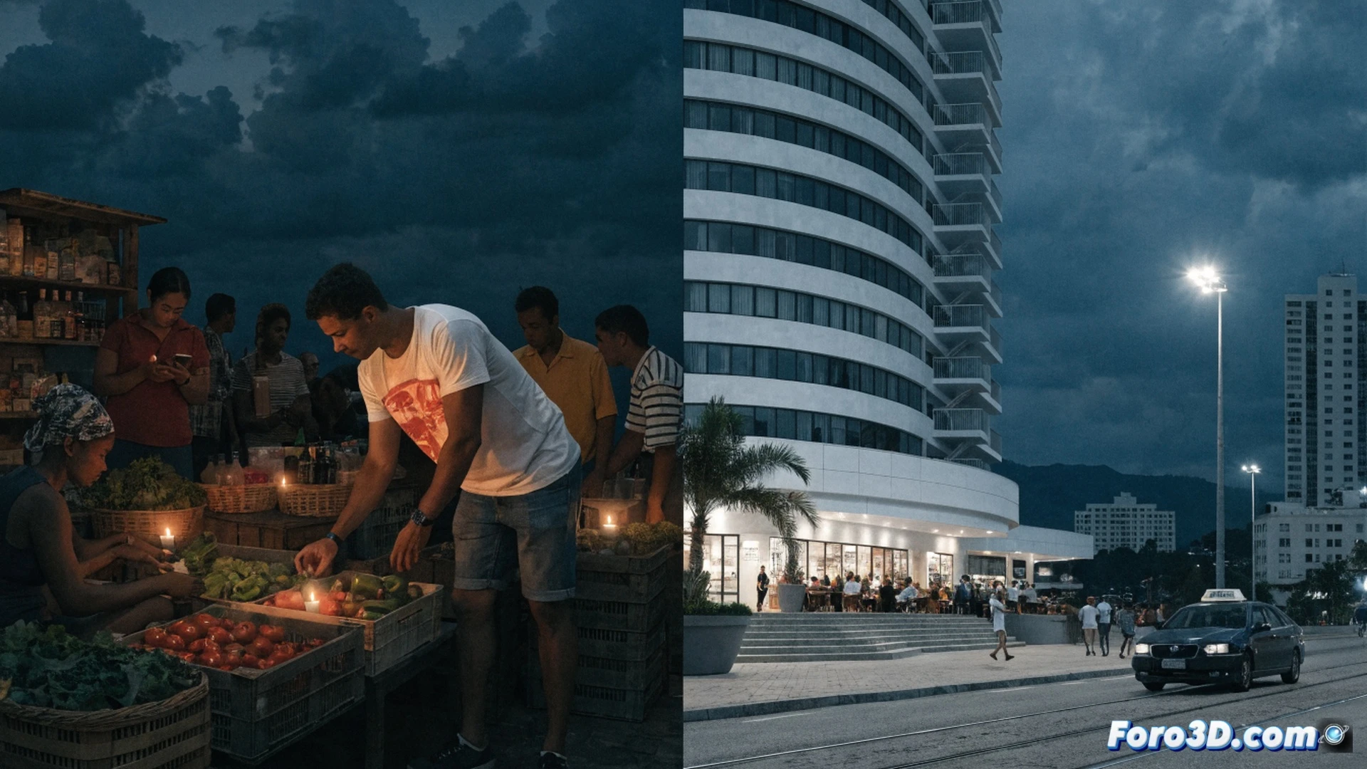 Calle habanera semiderruida durante apagón nocturno, trabajador privado instalando panel solar en tejado colonial, otro agricultor privado regando cultivos hidropónicos bajo luz artificial, fondo de hotel turístico con generador eléctrico humeante, contraste entre luces tenues de velas en ventanas y brillo LED de nuevo negocio privado, estilo photorealistic cinematográfico, texturas de hormigón agrietado y plantas verdes, atmósfera de crisis y esperanza, iluminación mixta de linterna y farola urbana, ultra-detallado