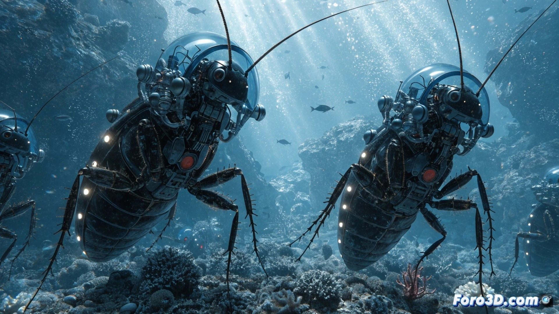 photorealistic cinematic scene of a cyborg cockroach wearing a custom 3D-printed diving suit crawling across a submerged rocky seabed, miniature LED headlamp illuminating dark murky water, thin control wires trailing from the suit to a remote operator above surface, bubbles rising from the insect s abdomen during underwater locomotion, technical engineering visualization, glossy metallic exoskeleton with transparent oxygen membrane, soft blue bioluminescent accents, macro lens depth of field, high contrast between shadowy abyss and bright suit details, ultra-sharp texture on 3D-printed joints, realistic underwater caustics and sediment particles suspended in water, dramatic cinematic lighting