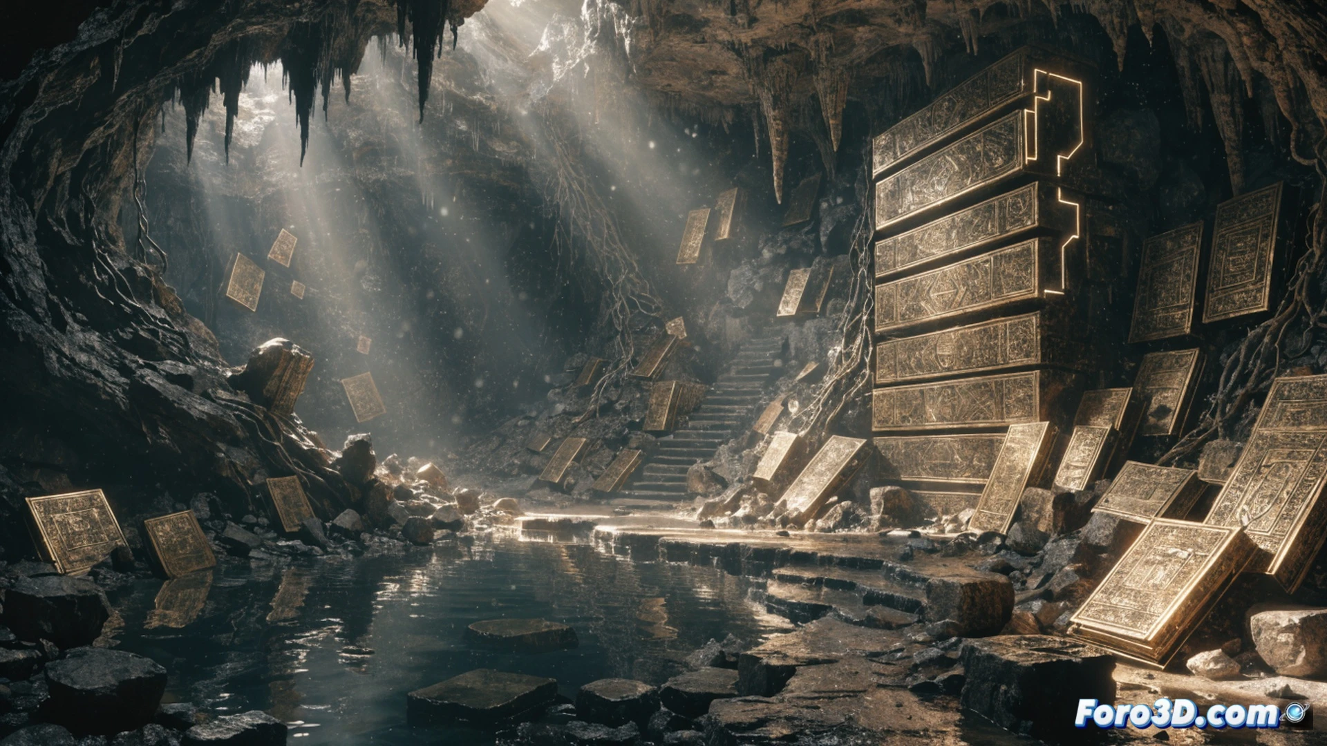 cinematic wide shot of a dense jungle entrance at twilight, a massive stone archway leading into a dark cave, inside visible metallic shelves with golden plates stacked like an ancient library, a human figure in high-tech exploration gear holding a portable x-ray scanner, scanning one of the plates, the scanner emits a blue holographic grid, dust particles floating in the beam, photorealistic technical illustration, dramatic side lighting from headlamps, ultra-detailed rock textures, metallic reflections on gold, mysterious glowing atmosphere, deep shadows, realistic jungle foliage framing the cave mouth