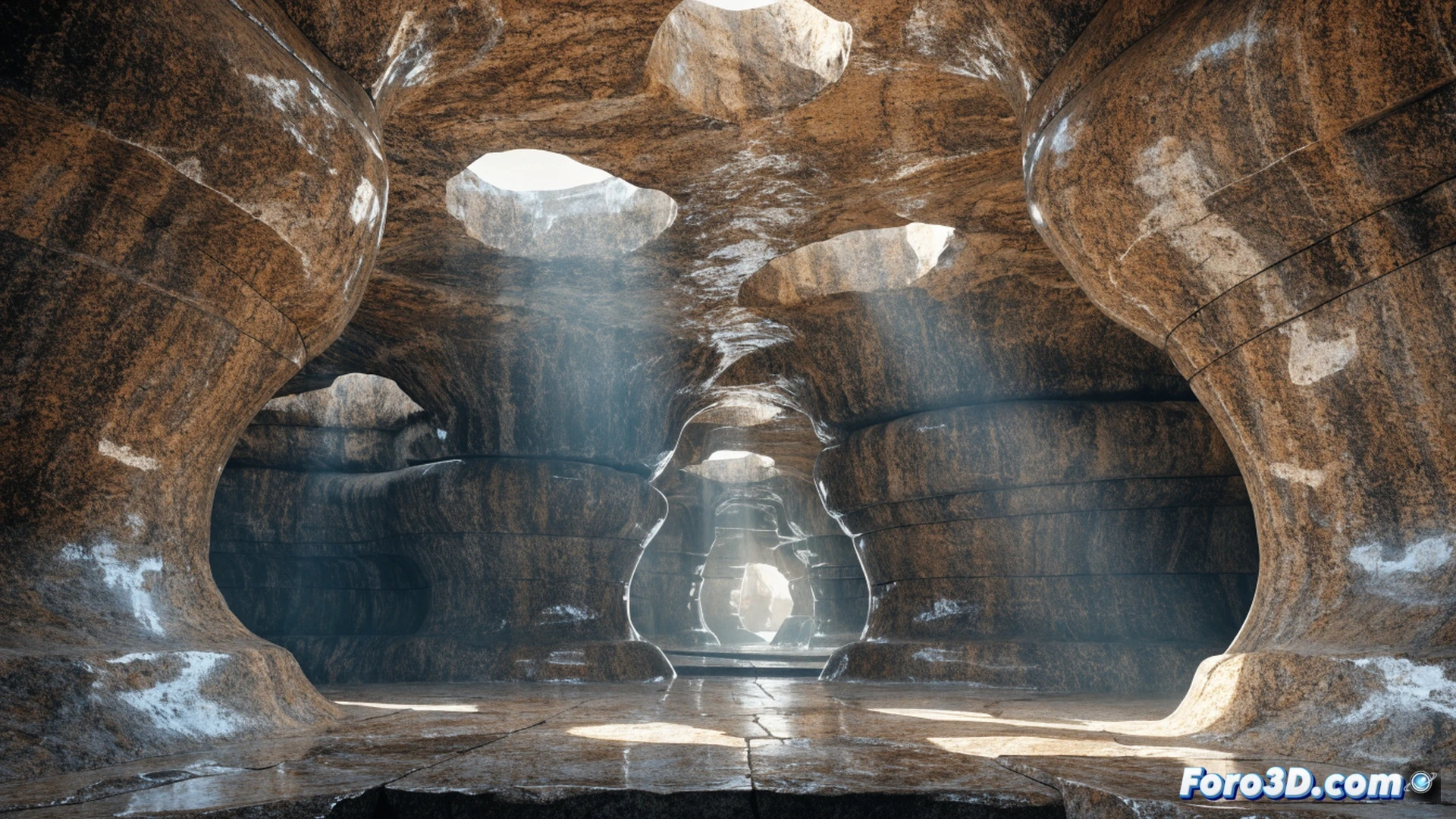 Cueva de granito pulido del siglo III a.C., monjes budistas en silueta caminando por el interior cavernoso mientras la luz natural entra por la entrada, paredes de granito negro con superficie reflectante como espejo, herramientas de tallado antiguas apoyadas contra la roca, rayos de luz polvorientos iluminando la geometría perfecta de la cámara, demostrando el proceso de pulido ultrasuave, estilo cinematográfico fotorrealista, iluminación dramática con contraste de sombras profundas, textura de granito detallada con vetas minerales visibles, atmósfera de misterio arqueológico, alta definición técnica