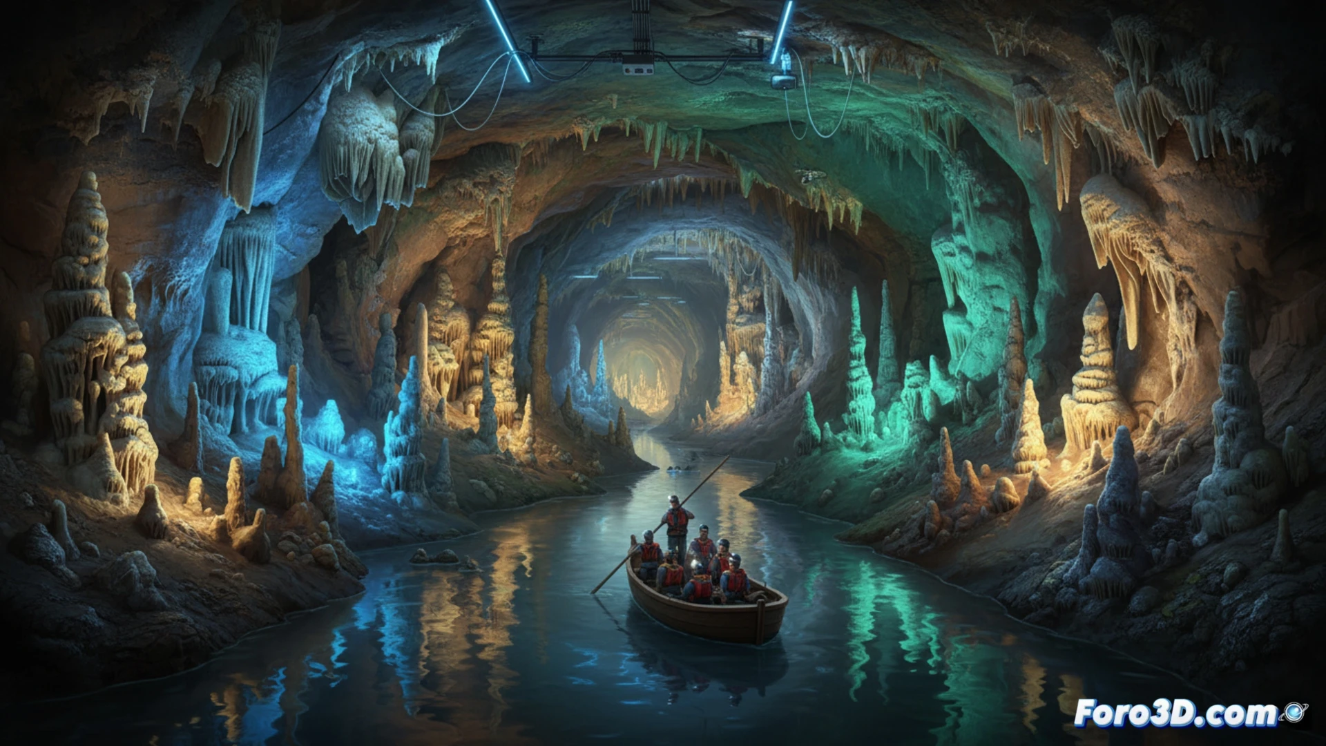 stalactite chamber with modern LED lighting installation, technicians adjusting monitoring sensors on limestone formations, underground river reflecting blue illumination, visitors in helmets observing geological layers from a small boat, cinematic engineering visualization, wet rock textures, steel walkways embedded in cave floor, humidity haze, dramatic chiaroscuro lighting on mineral deposits, photorealistic technical render, equipment cables tracing along stalagmites