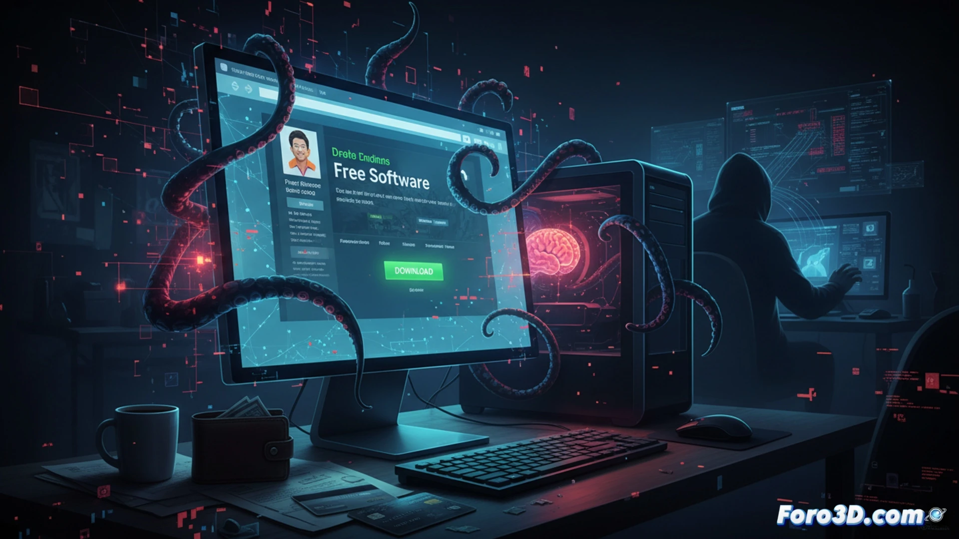 fake download website interface mimicking open-source software page, user cursor clicking deceptive download button, hidden malware code streaming into system background, glowing red warning symbols appearing on hard drive component, photorealistic technical illustration, cinematic lighting with dark blue and toxic green accents, data packets labeled as malicious flowing through network cables, monitor screen displaying fake progress bar, keyboard with highlighted keys showing scam activation, ultra-detailed hardware and software elements, dynamic scene of digital infection process, realistic cybersecurity threat visualization