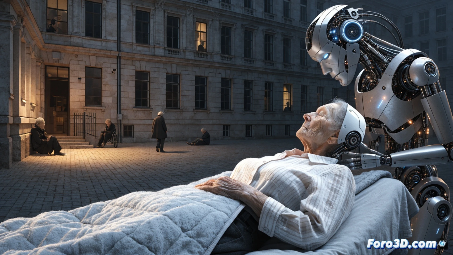 Photorealistic scene of a frail elderly woman sitting alone in a sterile room, reaching her trembling hand toward a metallic robotic arm holding a medicine cup, while behind a glass wall a caregiver in uniform walks away turning their back, empty hospital beds in background, cracked wall revealing neglected infrastructure, cold blue LED lighting from robot sensors contrasting with warm sunlight blocked by broken blinds, cinematic composition emphasizing isolation, hyper-detailed textures of wrinkled skin, brushed steel joints, dust particles floating in harsh light beams, technical illustration style with mechanical precision