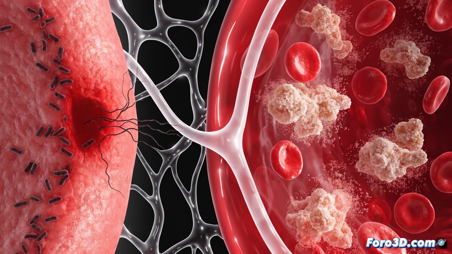 Photorealistic medical illustration showing a diabetic patient brushing teeth with an electric toothbrush while a cross-section of the gum reveals inflamed periodontal pockets releasing bacteria into the bloodstream, glowing red glucose molecules in the blood vessels being neutralized by blue anti-inflammatory agents, dental mirror and probe visible on the side, soft tissue detail showing gum recession and bleeding points, cinematic lighting with warm oral cavity interior contrasted with cool bloodstream tones, hyper-detailed cellular structures and bacterial colonies, technical medical visualization style