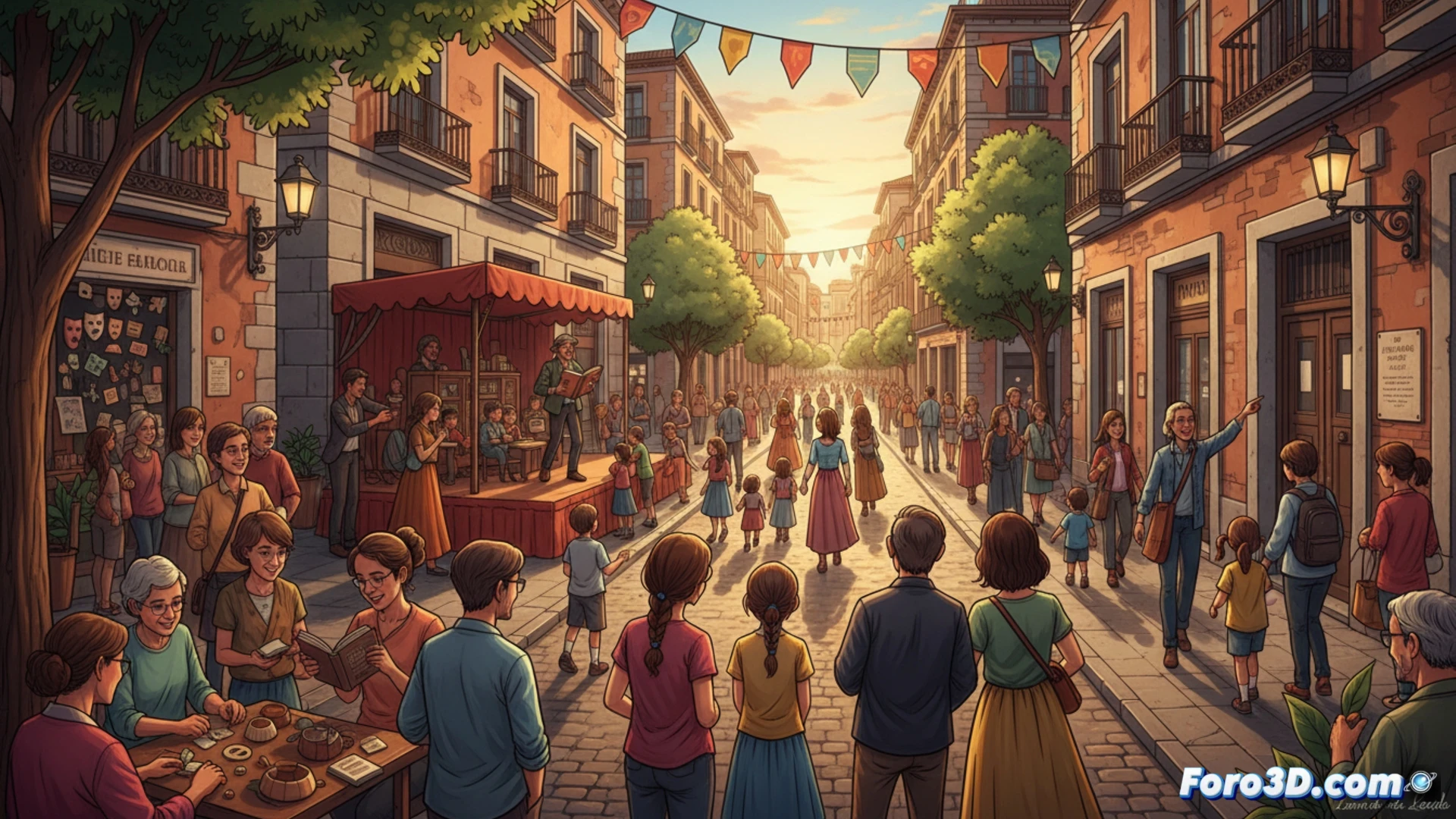 Plaza del barrio de las Letras con libros abiertos, micrófono y niños en taller literario gratuito bajo toldos coloridos.