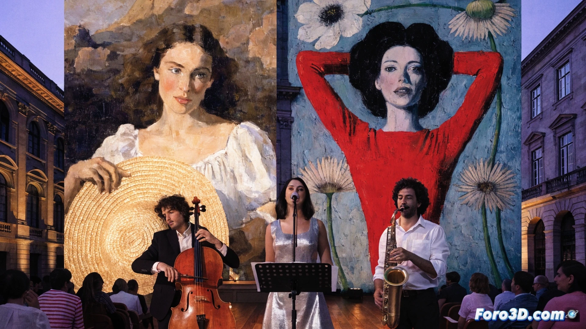 pintura al óleo de Sorolla sobre caballete en plaza portuguesa, luz dorada del atardecer iluminando la escena, guitarrista tocando junto a proyector de cine antiguo, multitud portuguesa observando mientras folletos de conciertos vuelan suavemente, estilo cinematográfico fotorrealista, textura de lienzo visible, detalles de pinceladas, ambiente cultural vibrante, iluminación cálida de atardecer, profundidad de campo suave, composición equilibrada entre arte y música