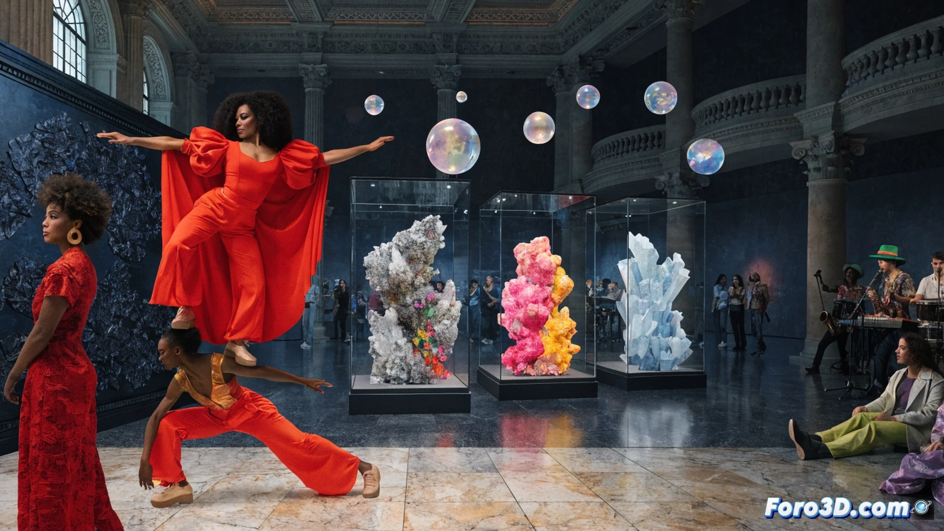 Museo estatal iluminado con banderas arcoíris ondeando en la entrada, grupos diversos de personas caminando hacia la puerta principal mientras bailarinas contemporáneas ejecutan una coreografía en el vestíbulo, un técnico ajusta reflectores LED de colores sobre un escenario modular, pantallas digitales muestran retratos LGTB históricos en rotación, visitantes interactúan con una instalación multimedia táctil, estilo cinematográfico fotorrealista, luz cálida mezclada con tonos magenta y cian, arquitectura neoclásica con proyecciones de arte digital, movimiento fluido de vestimentas durante la danza, multitud sonriente y diversa, alta definición técnica, enfoque nítido en gestos y expresiones.