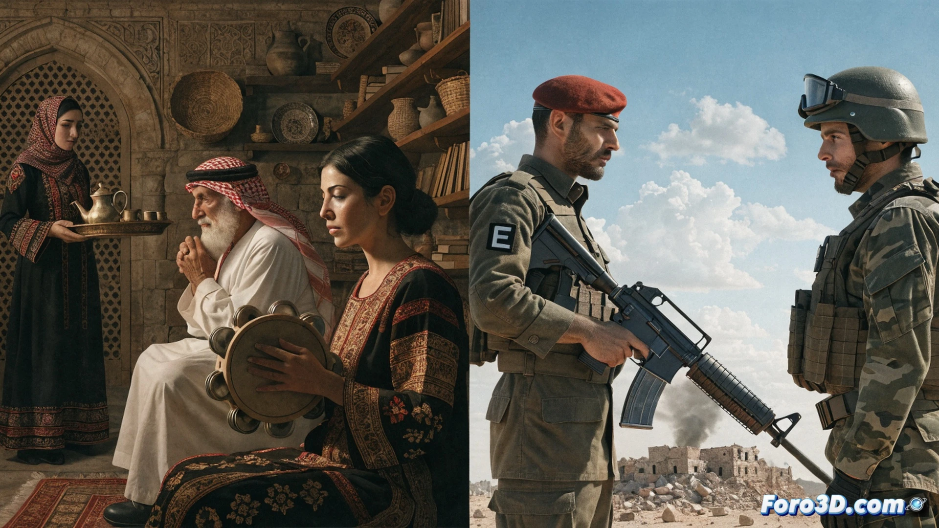 Fotografía de un funcionario gubernamental sosteniendo un pergamino con planos de restauración de una biblioteca palestina, mientras en su otra mano oculta un contrato de venta de armas con sello israelí, al fondo un dron militar sobrevuela escombros de un centro cultural derrumbado, mesa de oficina con documentos legales y un ordenador portátil mostrando exportaciones de material bélico, iluminación contrastada de claroscuro, estilo cinematográfico documental, textura granulada, tonos sepia y gris, composición simétrica con doble mensaje visual, hiperrealista.