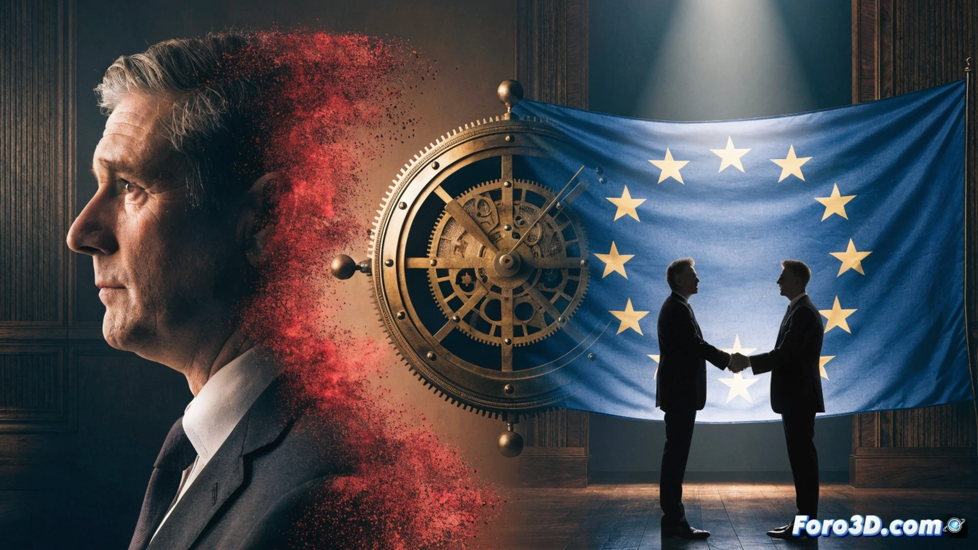 European Union and United Kingdom flags on a diplomatic table, an empty chair with a resignation letter on the leather seat, a calendar showing July 22 crossed out with a red X, a paused digital clock hanging above, business documents and trade agreement folders stacked aside, cinematic photorealistic style, warm office lighting, muted blue and grey tones, shallow depth of field focusing on the chair and letter, high-end architectural interior with marble floor, subtle shadows suggesting political uncertainty