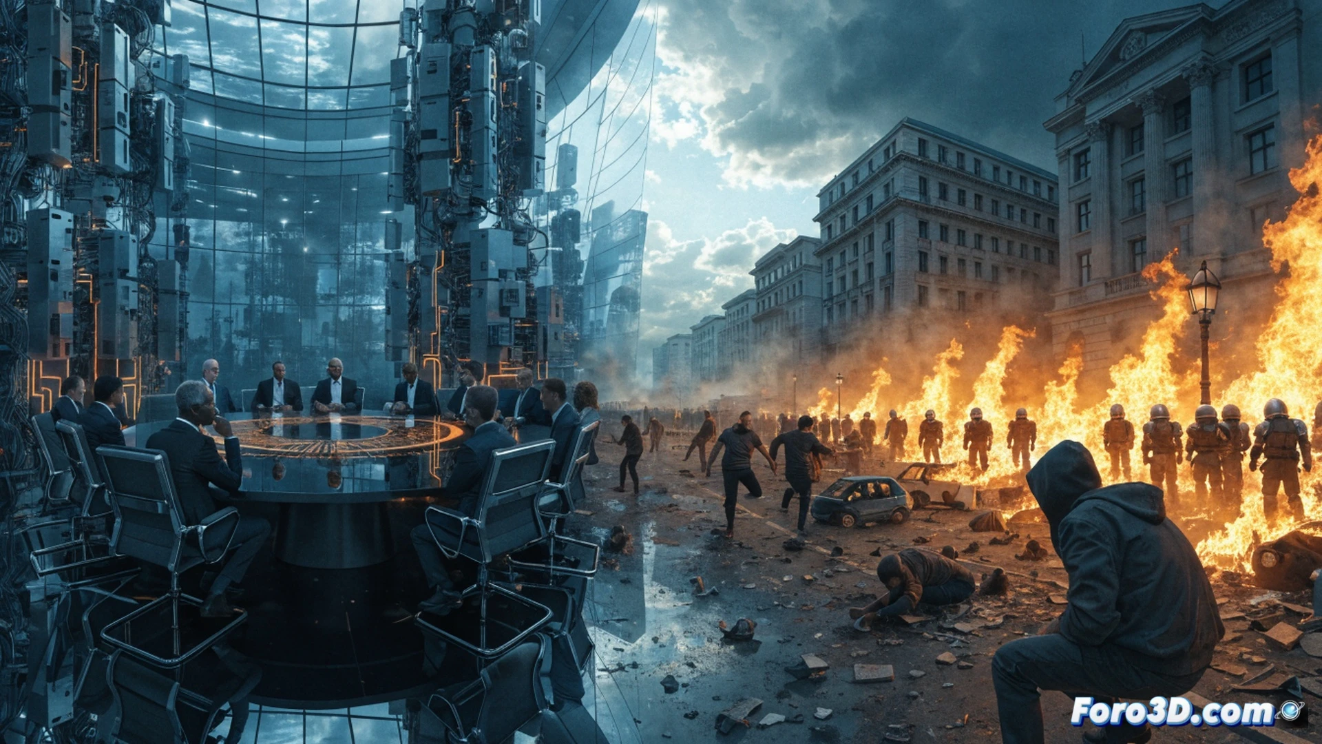 A G7 summit table surrounded by bulletproof glass walls and armed guards, while outside the fortified perimeter protesters clash with riot police using tear gas canisters, smoke billowing across burning barricades, a citizen clutching an energy bill with euro signs crossed out in red, photorealistic architectural visualization, cold concrete bunker lighting contrasting with warm orange flames, security cameras and metal detectors visible, police shield formations advancing, dramatic cinematic composition, hyper-detailed textures of glass reflections and smoke particles, wide-angle lens capturing the spatial disconnect between elite security zone and chaotic civilian streets