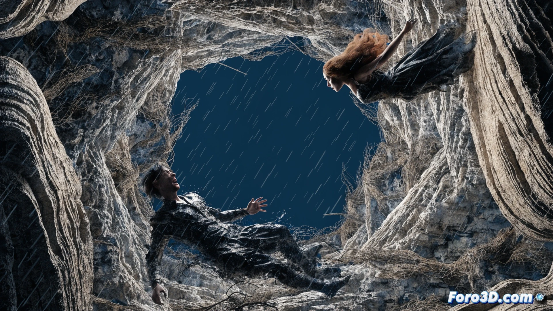 Heathcliff levitando sobre un páramo desgarrado, su cuerpo deformado por el viento digital, lluvia atravesando la pantalla como agujas de luz, nubes en remolino psicótico, fragmentos de la fachada de la granja flotando en el abismo, modelado 3D poligonal expuesto, vértigo compositivo, luces estroboscópicas de tormenta, texturas de tierra y barro en relieve extremo, cinematic surrealist visualization, photorealistic chaos, depth-of-field distorsionado, herramientas de software de modelado mostrando wireframes en los bordes, render de alta tensión emocional, herejía visual contra la fidelidad victoriana.