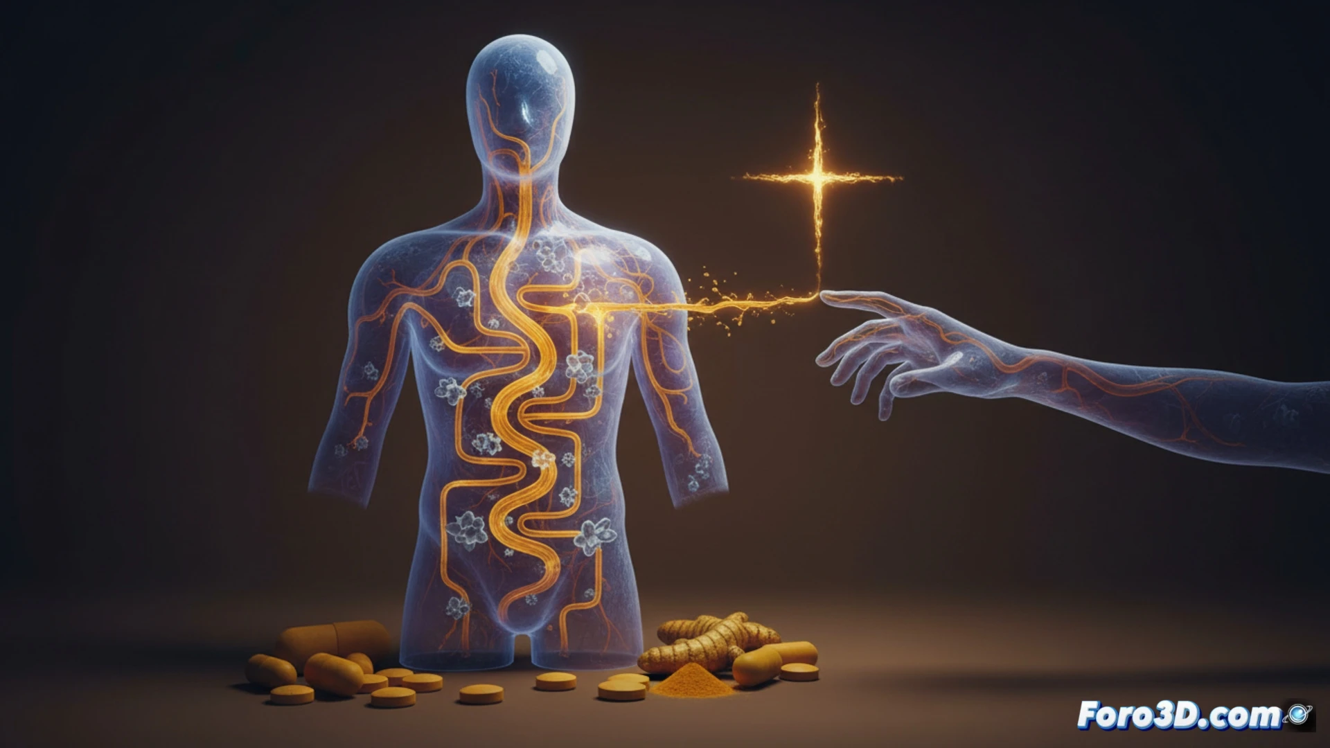 photorealistic medical illustration, human digestive system cross-section, glowing yellow curcumin molecules dissolving in stomach acid, most molecules being broken down by liver enzymes and flushed through bile ducts into intestines, only a tiny fraction passing through intestinal wall into bloodstream, dramatic lighting highlighting the contrast between abundant yellow particles in stomach and sparse particles in blood, cellular-level detail of intestinal wall showing tight junctions blocking absorption, technical medical visualization style, cinematic depth of field, realistic tissue textures, dark anatomical background