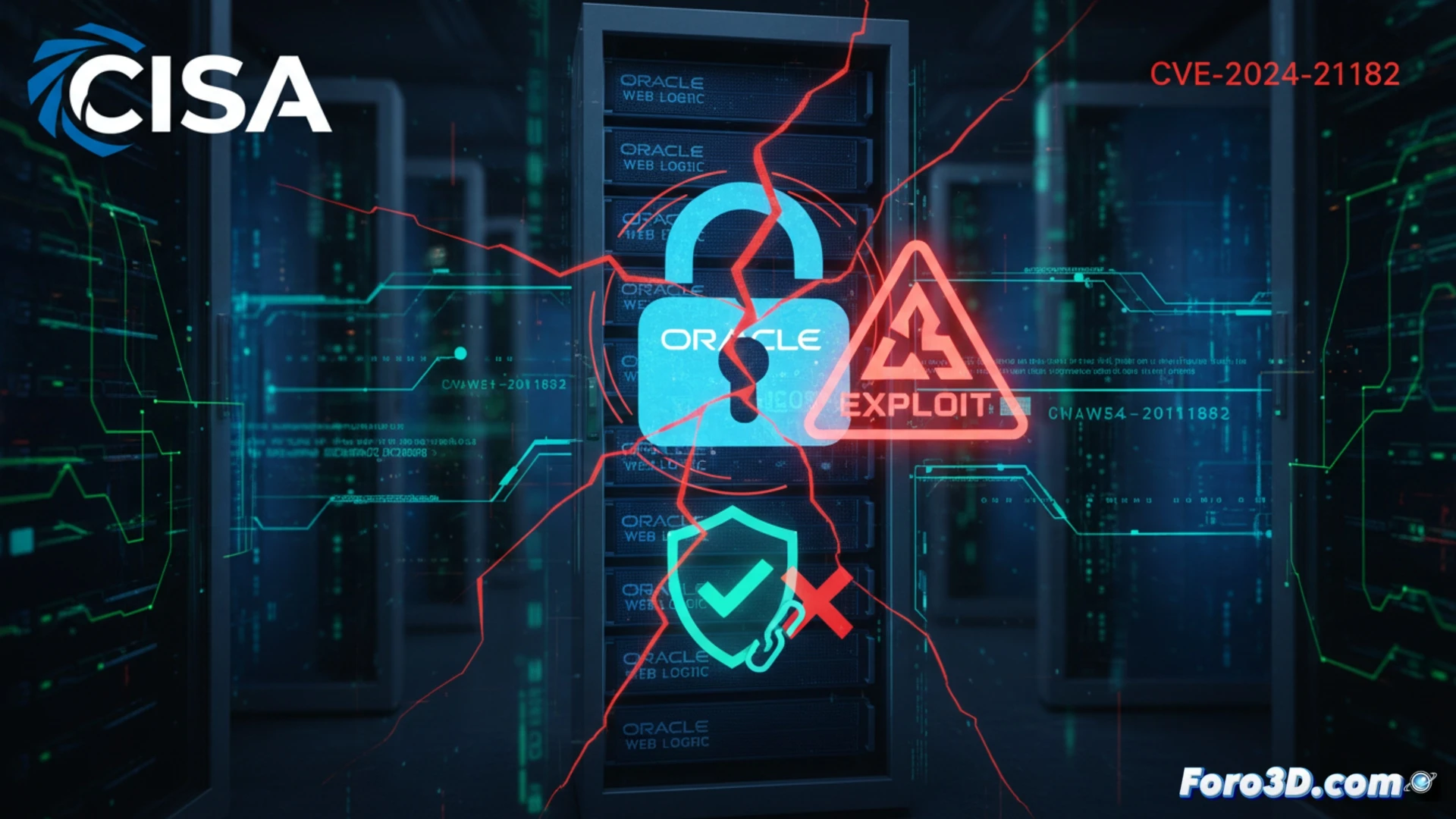 cinematic technical visualization of Oracle WebLogic server being penetrated by cyberattack, glowing red code injection flowing through network cables into server rack, security dashboard showing alerts and unpatched system warning, firewall logs displaying active exploitation, digital lock icon cracking open, data streams of personal and financial records being extracted, dark datacenter atmosphere with emergency red lighting, photorealistic engineering render, dramatic shadows, high contrast, detailed server hardware components, cooling fans visible, intense cyber threat scene