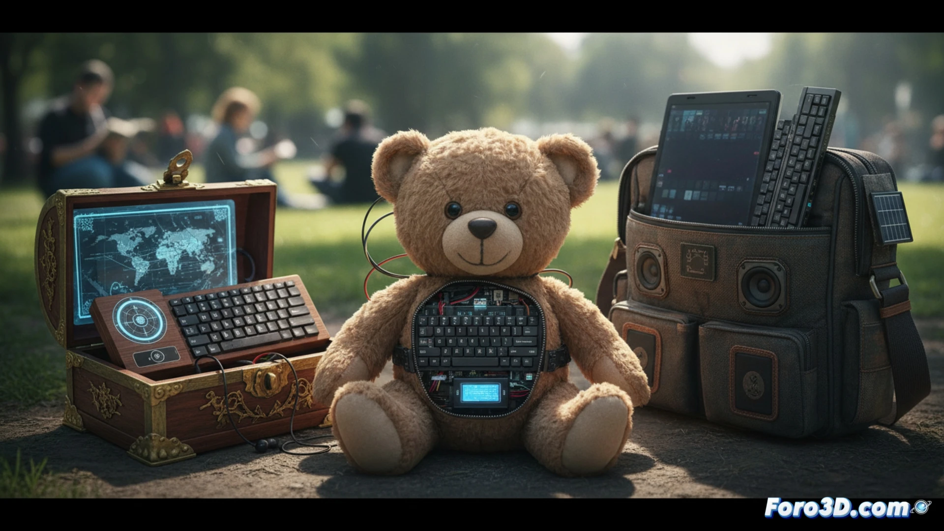 Hand opening a plush teddy bear backpack revealing a compact cyberdeck inside, small OLED screen displaying terminal code, miniature keyboard and exposed Raspberry Pi board visible, wires connecting to a battery pack, tools like a screwdriver and soldering iron resting on a wooden desk nearby, soft coffee shop ambient lighting, photorealistic technical illustration, focused macro shot showing component details, subtle dust particles in warm air, realistic fabric texture and metallic reflections