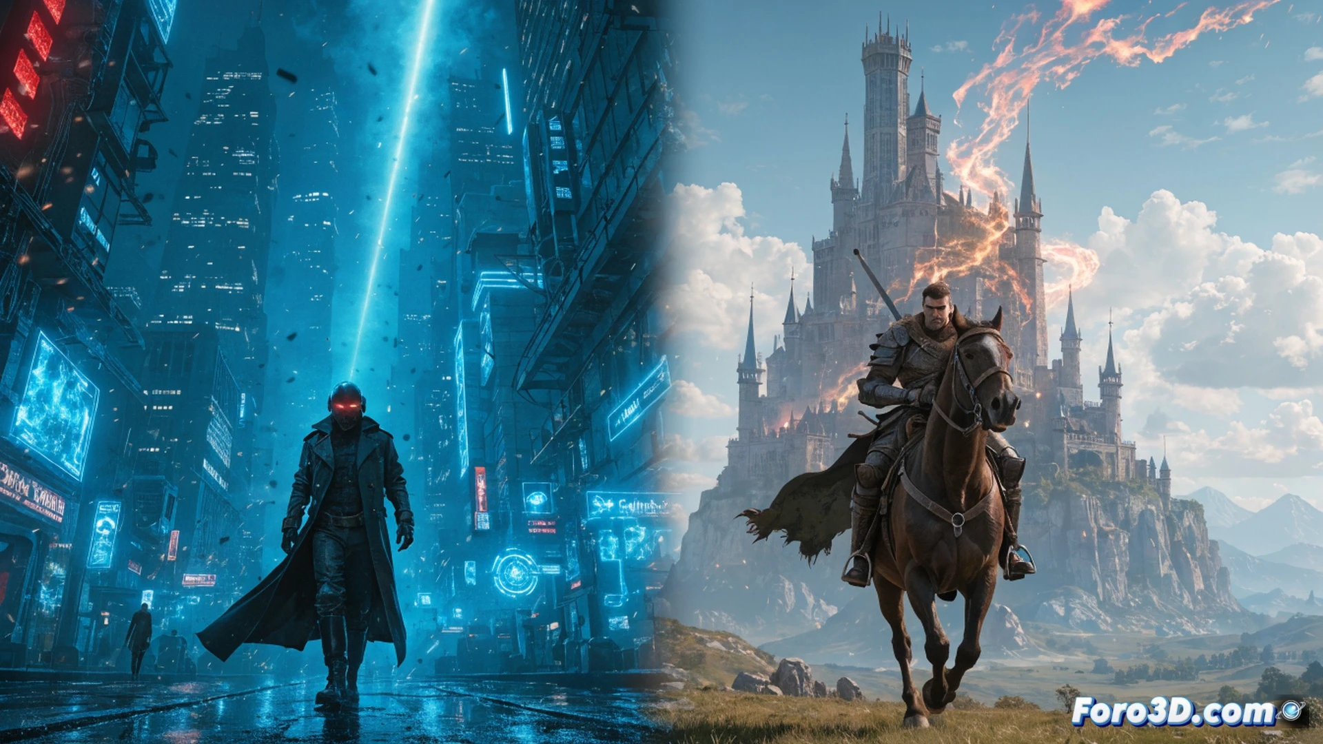 Cyberpunk 2077 development studio split scene, left side shows small team of 163 developers working on holographic city blueprint of Night City, right side shows massive team building medieval fantasy world for The Witcher 4, monitors displaying code and 3D models, engineers adjusting cybernetic arm prototypes, glowing neon wires connecting workstations, cinematic technical visualization, photorealistic lighting, contrasting futuristic neon blue against warm fantasy amber, detailed hardware components on desks, action of resource allocation demonstrated through team size difference, dramatic industrial shadows, ultra-detailed workstation clutter