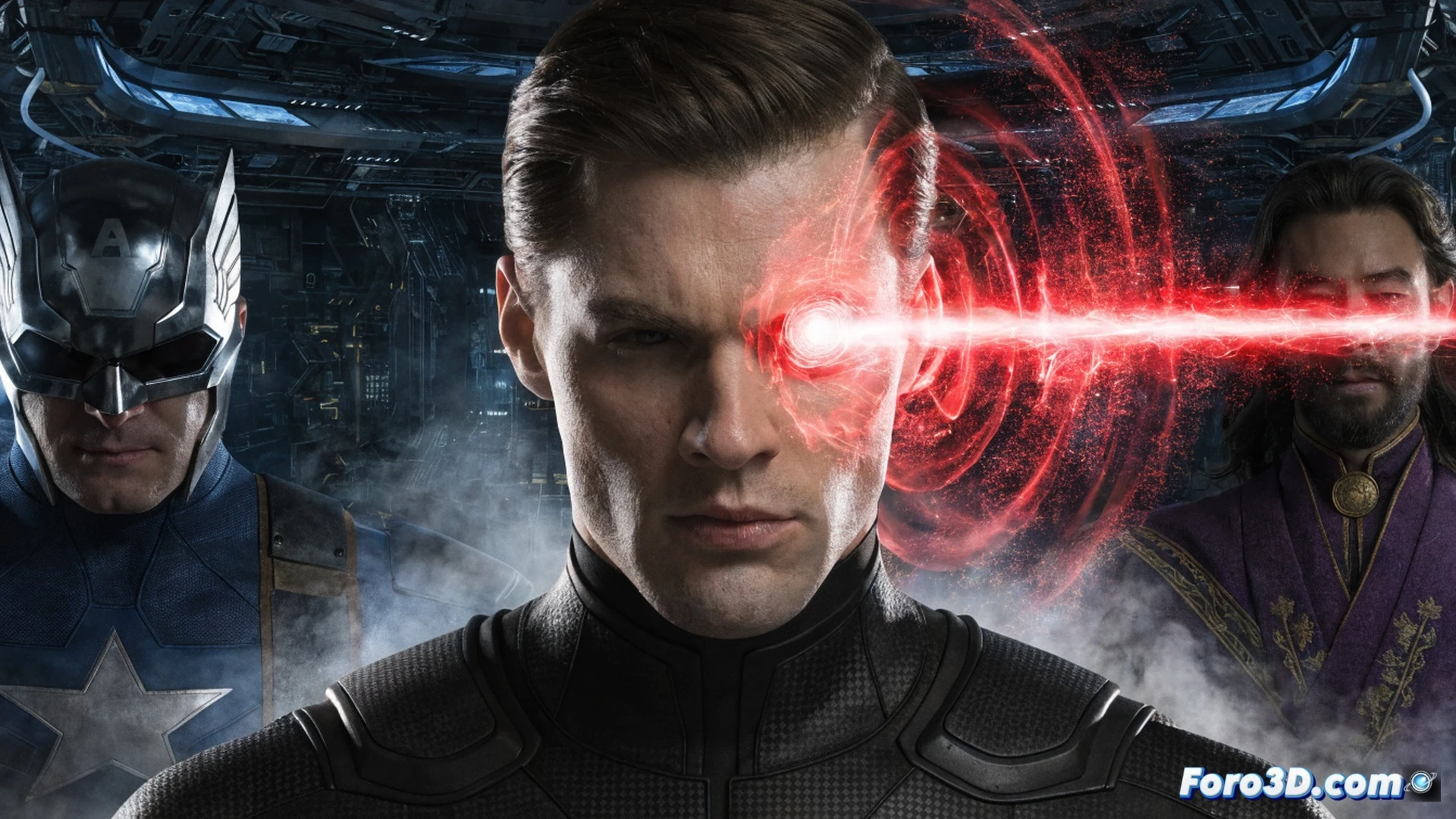 Cinematic scene of Cyclops in tactical combat, optic blast erupting from visor, energy beam cutting through a swarm of robotic Sentinels, sparks and debris flying, armored suit with glowing red lines, dynamic action pose, futuristic battlefield, smoke and light trails, photorealistic render, dramatic lighting, high detail on visor and suit textures, motion blur, explosive impact, intense hero moment, no text or numbers, ultra-detailed sci-fi illustration