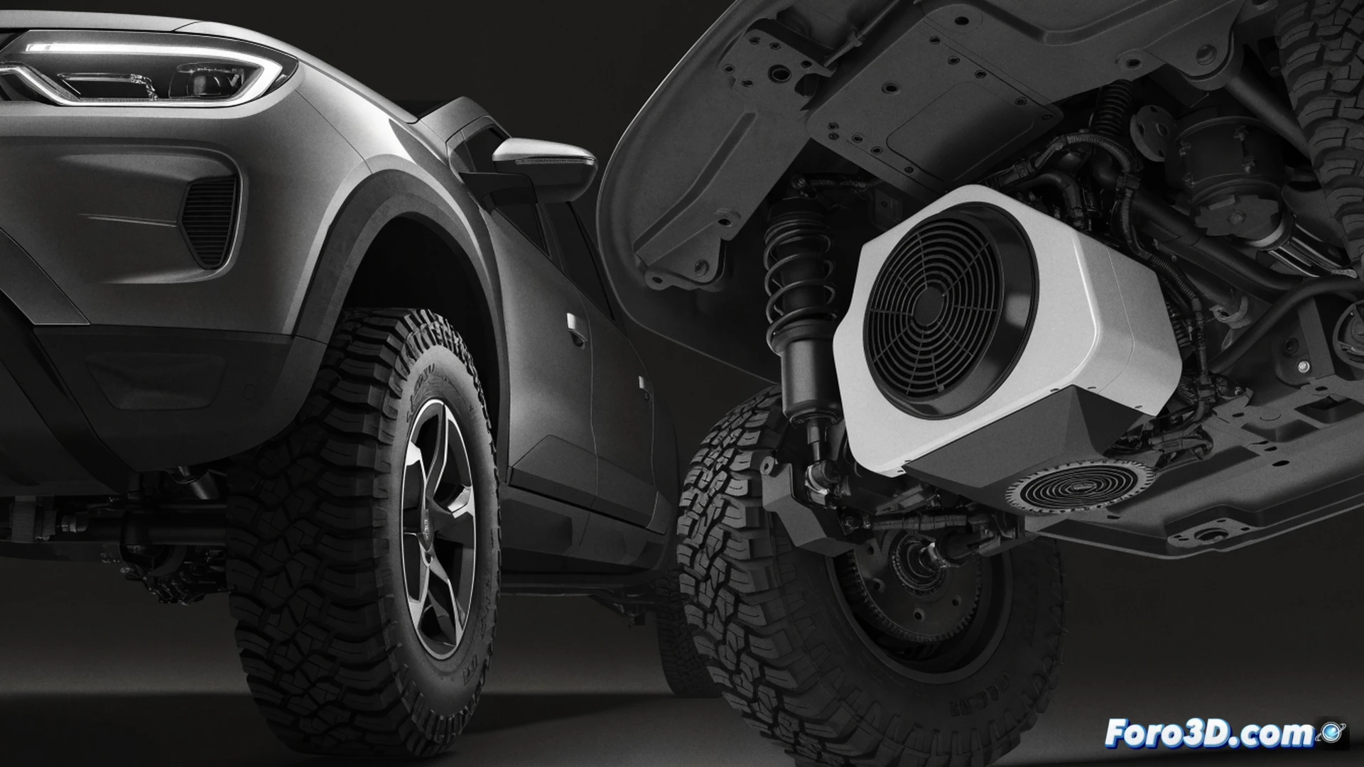 Dacia Duster cruzando un camino de tierra con barro salpicando las ruedas traseras mientras un motor eléctrico Valeo visible bajo el chasis se activa para tracción 4x4, sistema de batería integrado en el piso del vehículo mostrando flujo de energía hacia el eje posterior, corte técnico del diferencial eléctrico con cables de alta tensión brillando en azul, neumáticos todoterreno girando sobre rocas sueltas, fondo de montañas nubladas, estilo cinematic engineering visualization, iluminación industrial contrastada, texturas metálicas y plásticas realistas, render fotorealista de alta definición