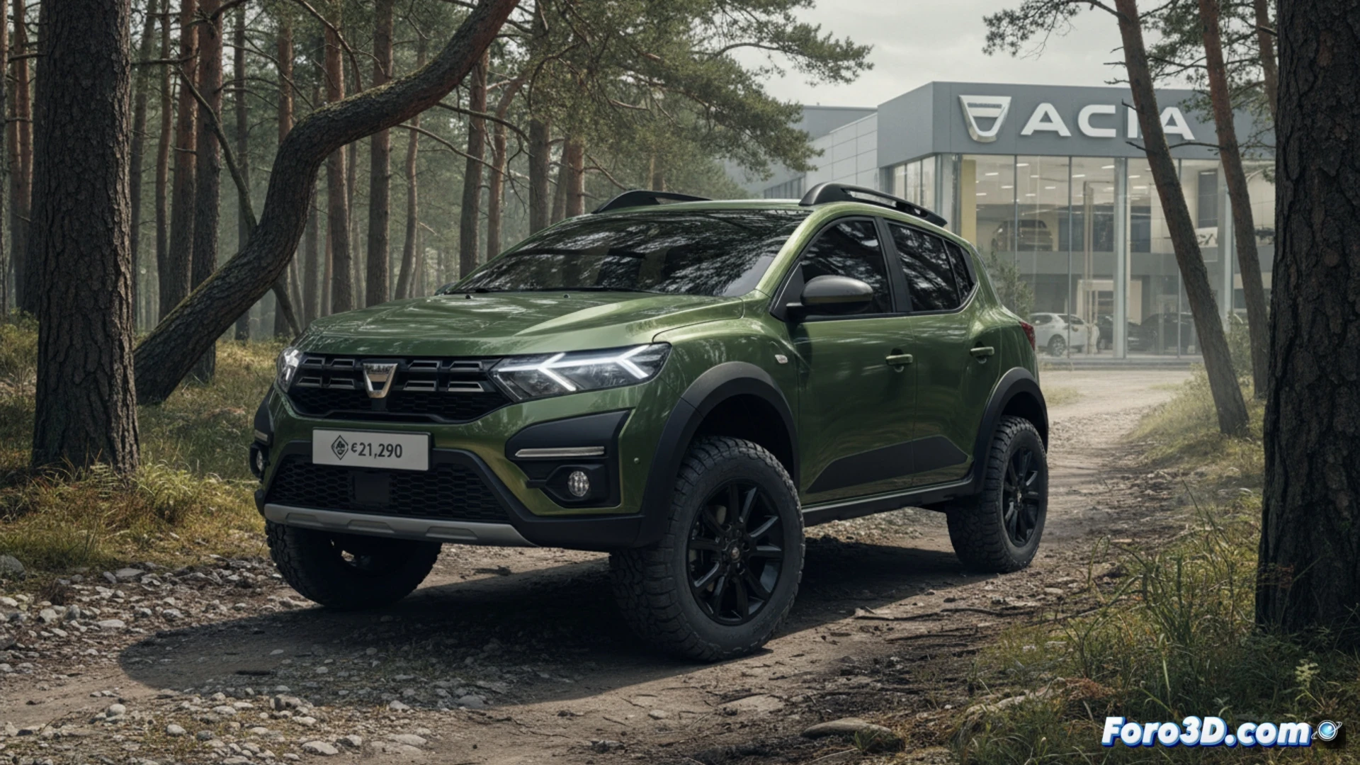 Dacia Sandero Stepway levantado 30 mm sobre terreno pedregoso, neumáticos todoterreno con tacos profundos mordiendo grava suelta, suspensión trasera mostrando el aumento de altura mediante un gato hidráulico durante la modificación, herramientas de taller y calibres digitales en primer plano midiendo la distancia al suelo, concesionario alemán al fondo con luces de trabajo LED, estilo de visualización técnica fotorrealista, iluminación industrial nítida, texturas de caucho y metal ultra detalladas, sin texto ni números en la escena