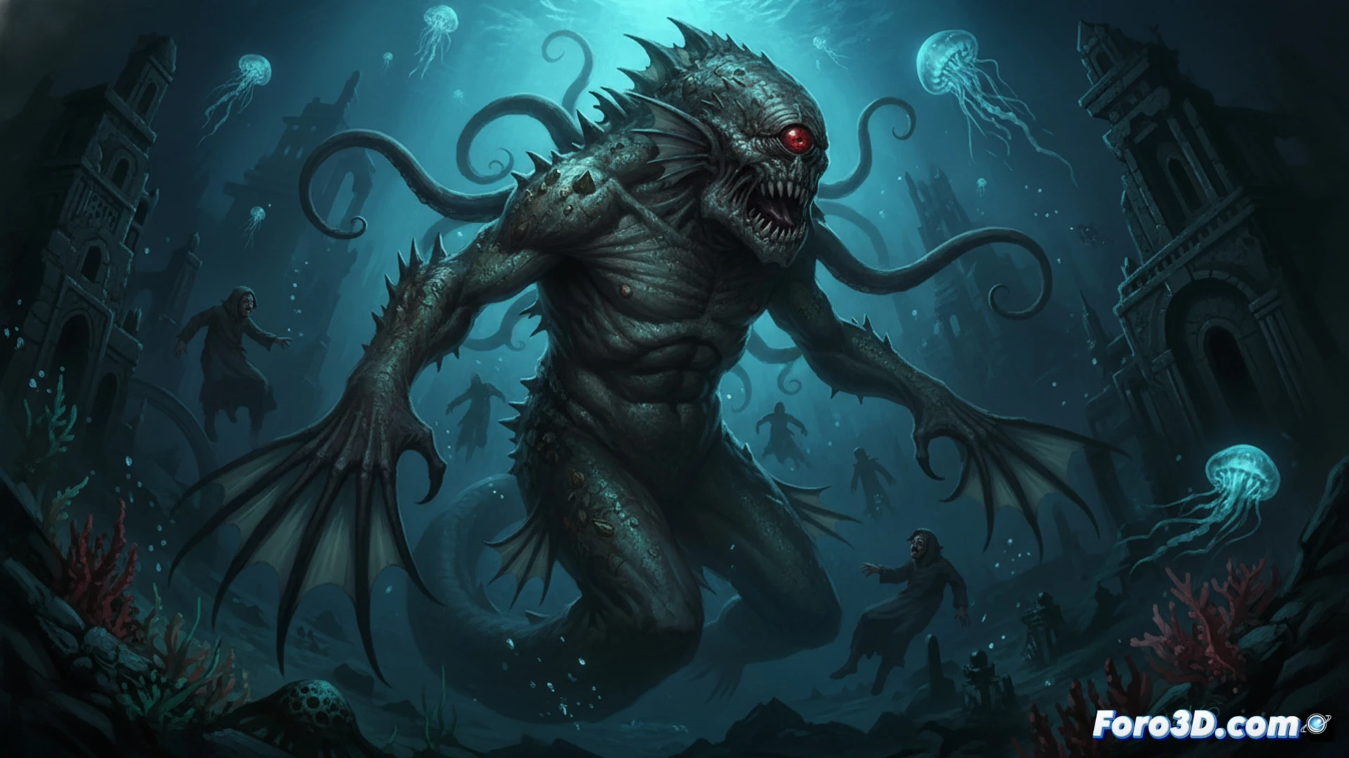 Descripción: Un ojo humano deforme y brillante emerge de aguas oscuras, rodeado de runas y tentáculos, con un barco fantasmal al fondo en tonos verdes y azules.