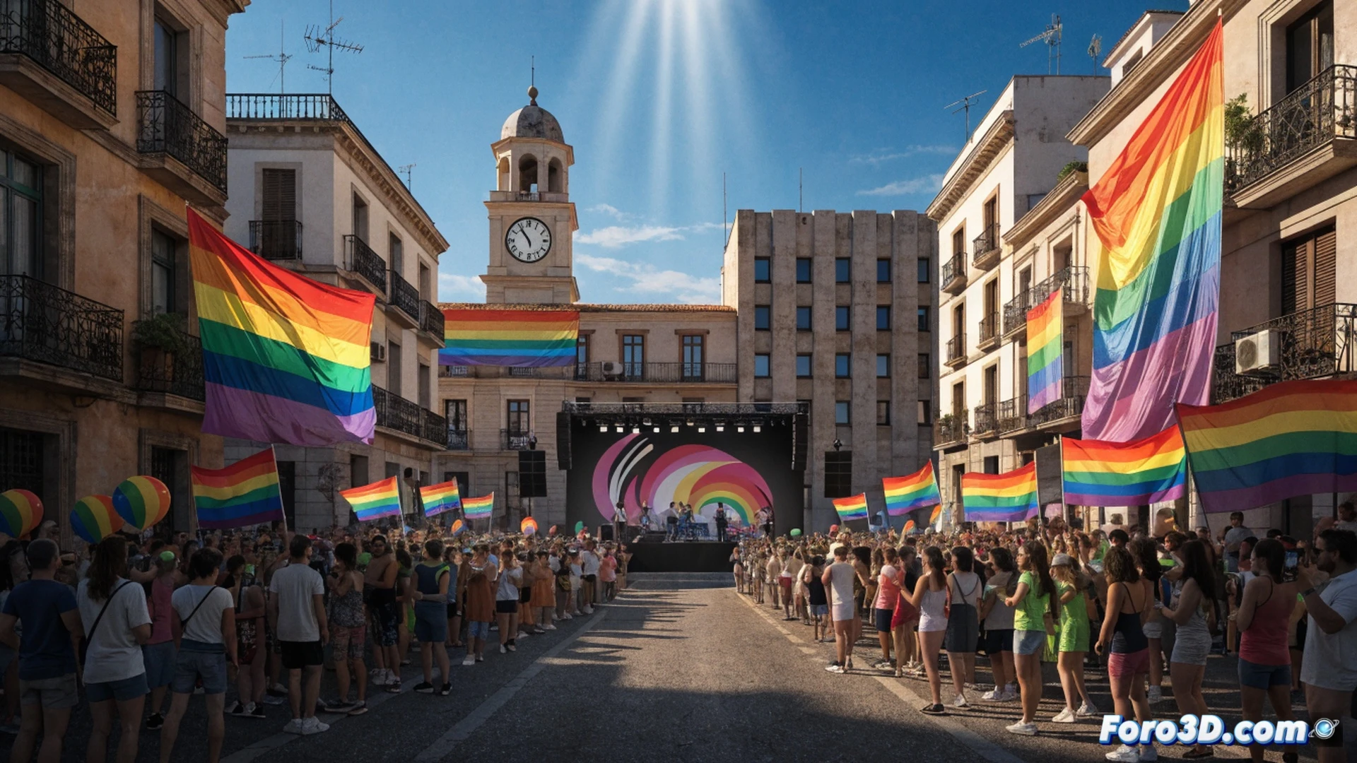 Ayuntamiento de Daimiel mostrando a un grupo diverso de personas ondeando banderas arcoíris durante un acto público al atardecer, concejales y ciudadanos formando un círculo de apoyo mientras sostienen pancartas de igualdad, edificio municipal al fondo con iluminación decorativa en colores LGTBI+, fotografía realista cinematográfica, luz cálida de ocaso mezclada con focos led multicolor, expresiones de orgullo y alegría, composición simétrica con acción colectiva, alta definición técnica, sin texto visible