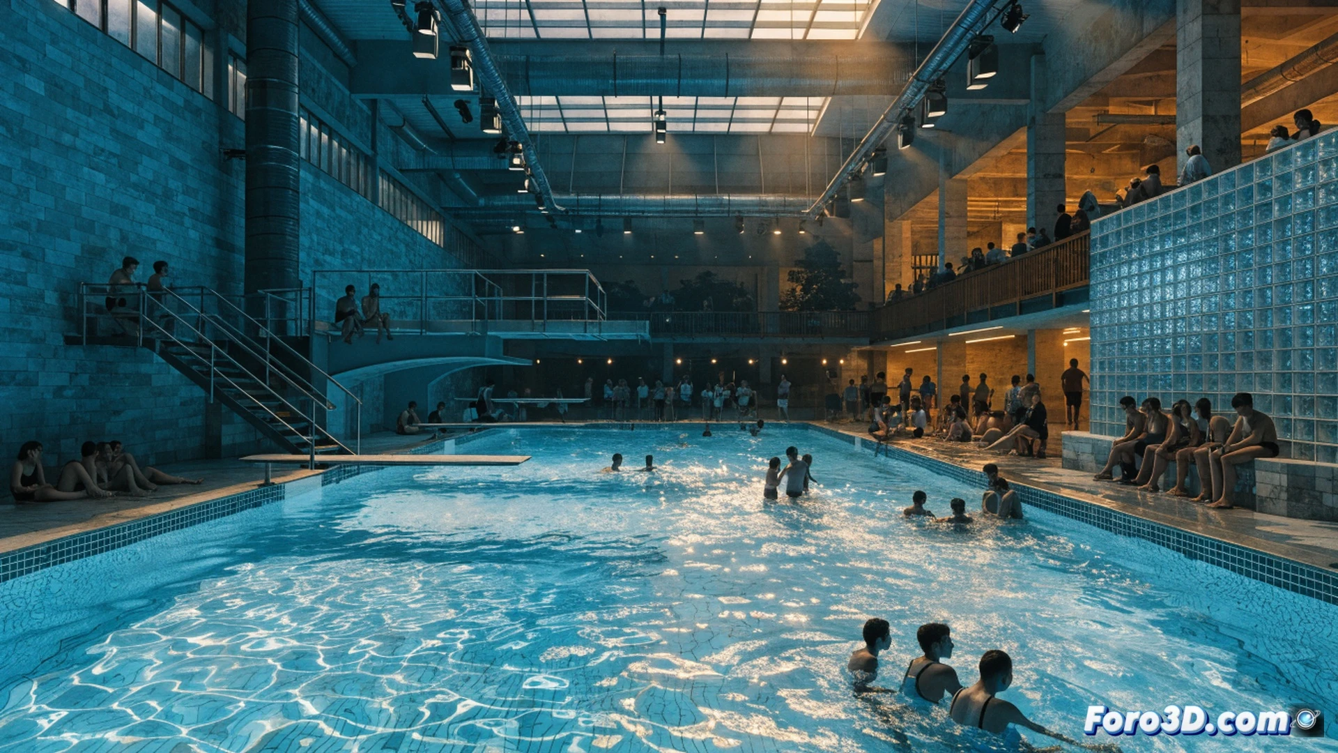 young people laughing and splashing in an illuminated outdoor pool at night, water jets arcing under blue LED lights, lifeguard observing from a high chair while holding a rescue buoy, teenagers socializing on the tiled edge with towels and flip-flops, municipal pool facility in background with concrete changing rooms and metal fence, cinematic photorealistic rendering, warm golden street lamps contrasting with cool blue pool water, motion blur on splashes, relaxed summer evening atmosphere, ultra-detailed water reflections and skin textures, family-friendly community scene