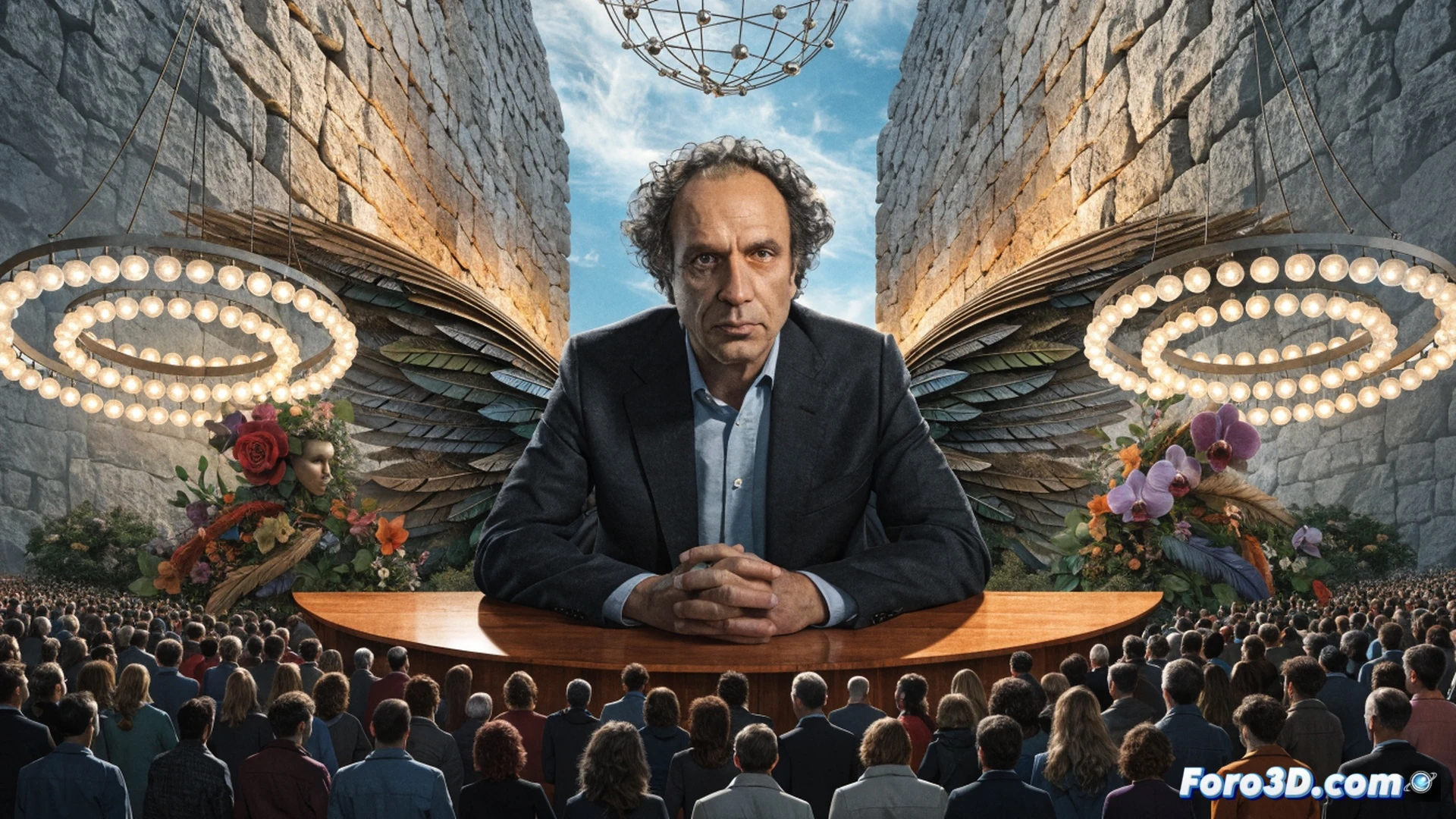 Mediterranean forum stage in Barcelona, Conseller Albert Dalmau gesturing firmly while addressing a diverse audience, Catalonia map projected on large screen behind him showing interconnected regions, civil society representatives and business leaders seated in foreground, geometric unity symbols floating above the stage, warm golden lighting illuminating the hall, cinematic photorealistic style, ultra-detailed textures on suits and wood paneling, dramatic depth of field focusing on speaker, peaceful cooperative atmosphere