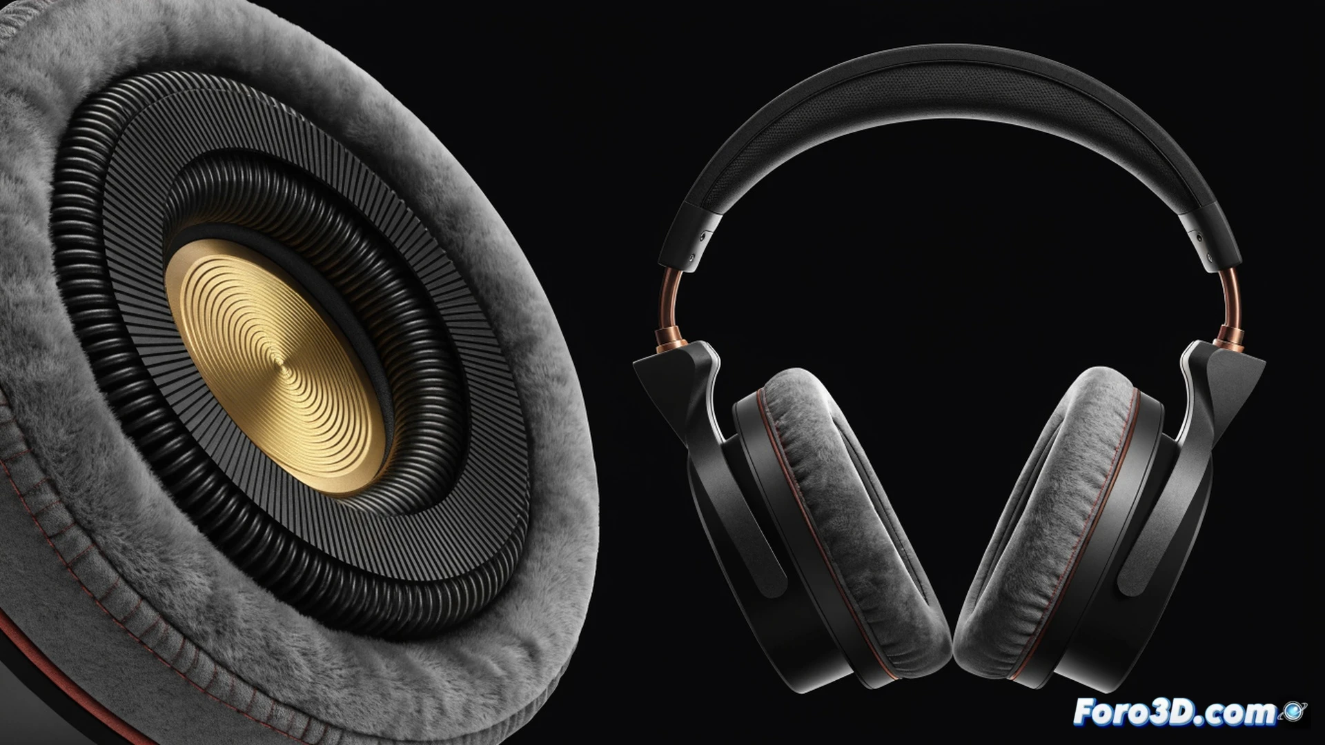 Photorealistic technical illustration showing a pair of Dan Clark Audio Aeon Core closed-back headphones on a minimalist desk, a smartphone connected via cable demonstrating high efficiency, a portable DAC beside it, glowing frequency response curve overlay showing Harman target correction, soundwaves emanating from ear cups while a hand adjusts the headband, cinematic lighting with soft studio shadows, brushed aluminum and matte black finish, ultra-detailed driver mesh visible through open grille, engineering visualization with subtle blue ambient light, zero text or numbers in frame
