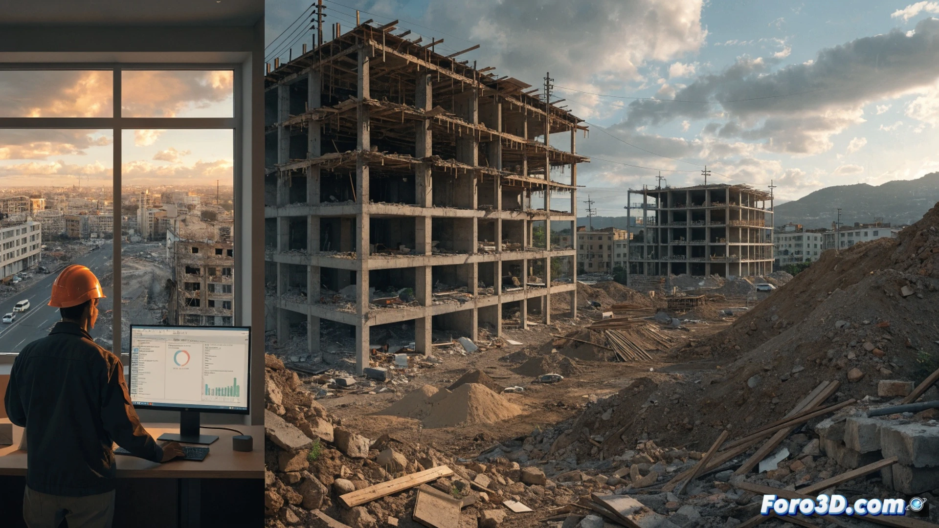 small town reconstruction scene, flooded building foundations with cracked concrete, slow-moving construction workers in safety vests standing idle near stacked bricks and a parked cement mixer, rusted rebar exposed, unfinished road with potholes filled with muddy water, a single municipal worker reviewing blueprints on a tablet under a grey overcast sky, construction crane stationary, piles of unused sandbags, cinematic photorealistic technical illustration, muted earthy tones, dust particles in air, dramatic shadows from weak sunlight, ultra-detailed textures of wet gravel and peeling paint, gritty documentary style