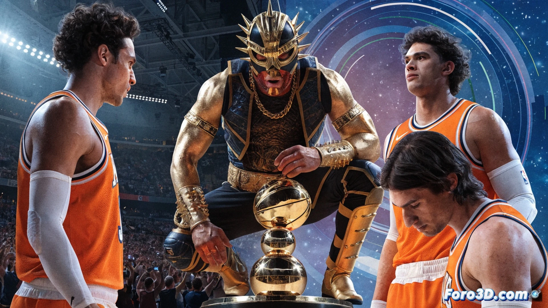 basketball court at Madison Square Garden, a mysterious wrestler in face paint performing a symbolic gesture over a glowing Knicks logo on the hardwood floor, a vintage championship trophy materializing behind him in a burst of golden light, while a digital scoreboard shows 13 consecutive victory points, the crowd in the background rising in unison, cinematic sports visualization, dramatic arena lighting, dust particles floating in spotlights, photorealistic technical render, ultra-detailed textures on leather basketball and championship banner