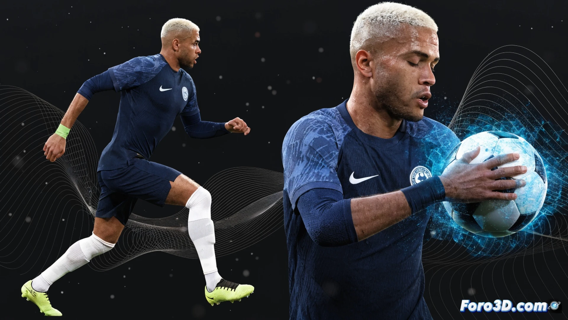 realistic 3D technical illustration of Dani Alves in full sprint down the right wing, right foot striking a cross with high precision, ball curving with spin trajectory lines, defensive player lunging late, heat map overlay on the pitch showing constant vertical runs, muscle fiber detail in legs during explosive acceleration, tactical arrow indicating overlapping run, cinematic sports science visualization, dynamic action pose, volumetric stadium lighting, sweat droplets frozen in motion, ultra-detailed boot studs, photorealistic human anatomy render, motion blur on background players