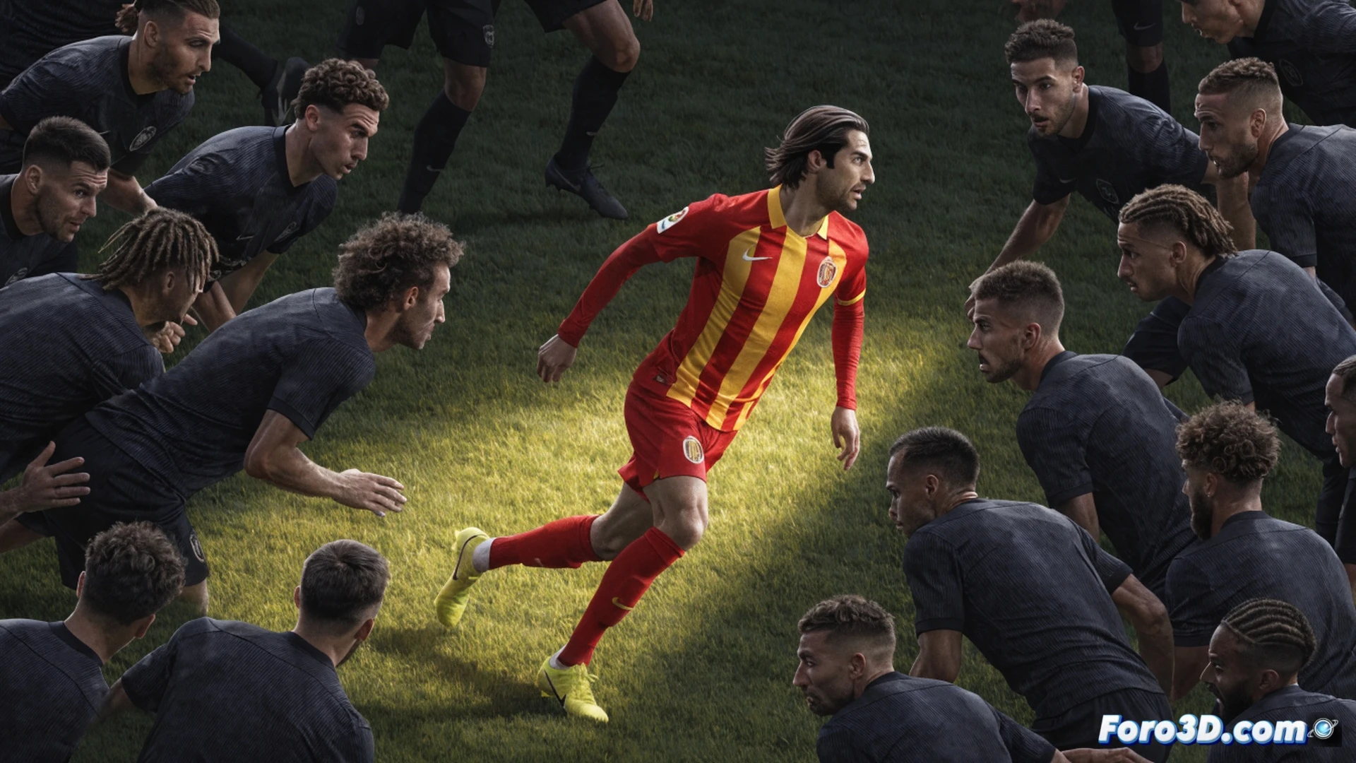 cinematic 3D tactical analysis of Dani Olmo receiving a pass between defensive lines, midfielders collapsing around him while he executes a sharp short dribble into space, opposing defenders caught in split-second hesitation, glowing trajectory lines showing his next precise through-ball, football pitch viewed from elevated tactical angle, green grass texture with numbered grid overlay, players as semi-transparent wireframe figures with red and blue team colors, ball with motion trail, tactical arrows and spatial zones highlighted in cyan, dramatic stadium floodlighting, photorealistic technical illustration