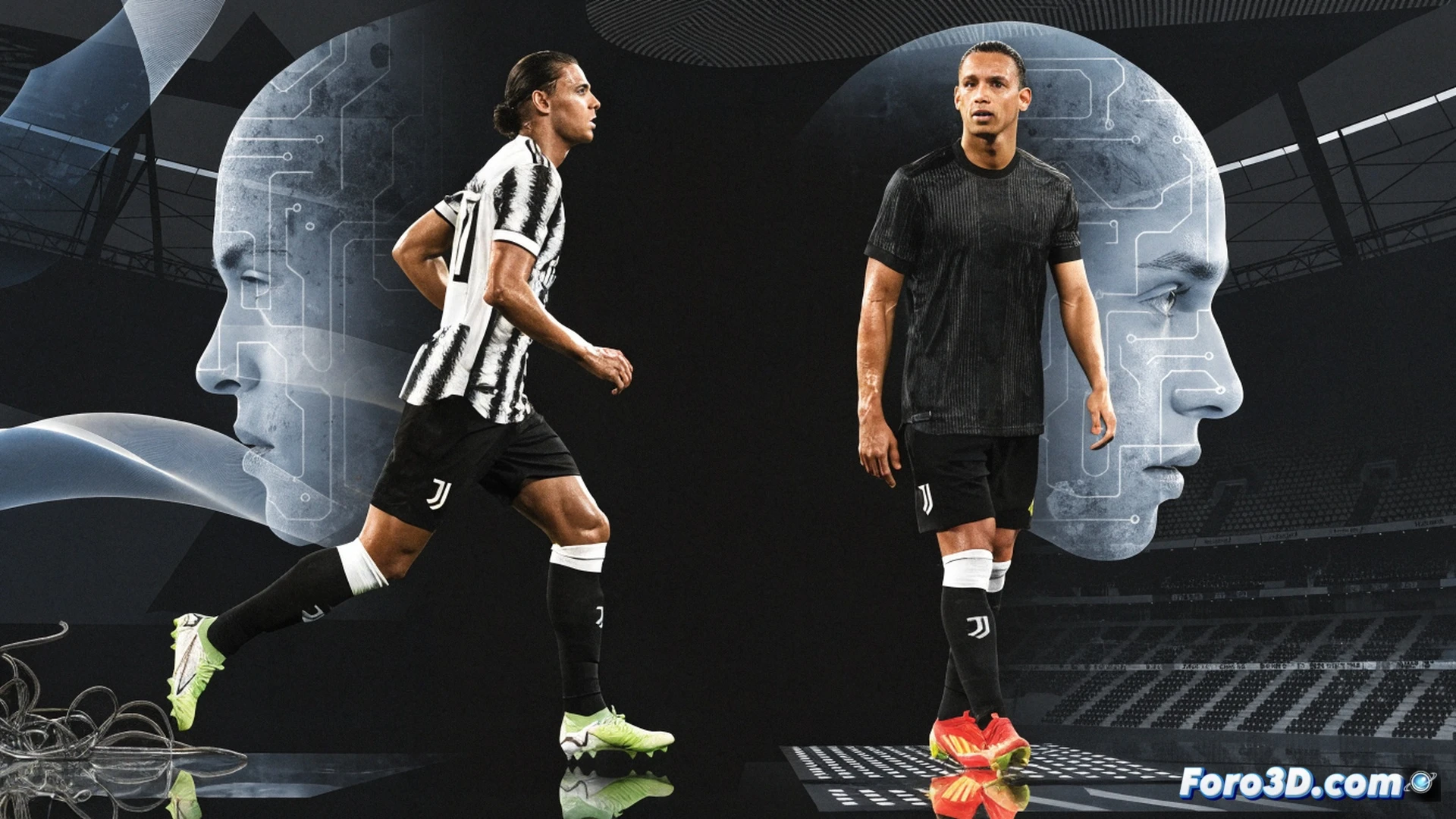 Juventus defender Danilo transforming mid-match, left side shows him as right-back tracking a winger, right side shows him as center-back intercepting a pass, tactical mutation lines connecting both positions, glowing heatmap of his movement on the pitch, tactical diagram overlay with shifting defensive arrows, photorealistic cinematic sports visualization, dramatic stadium floodlights, grass texture with motion blur, jersey number 6 visible in action, ultra-detailed tactical analysis aesthetic, realistic player model with sweat and intensity