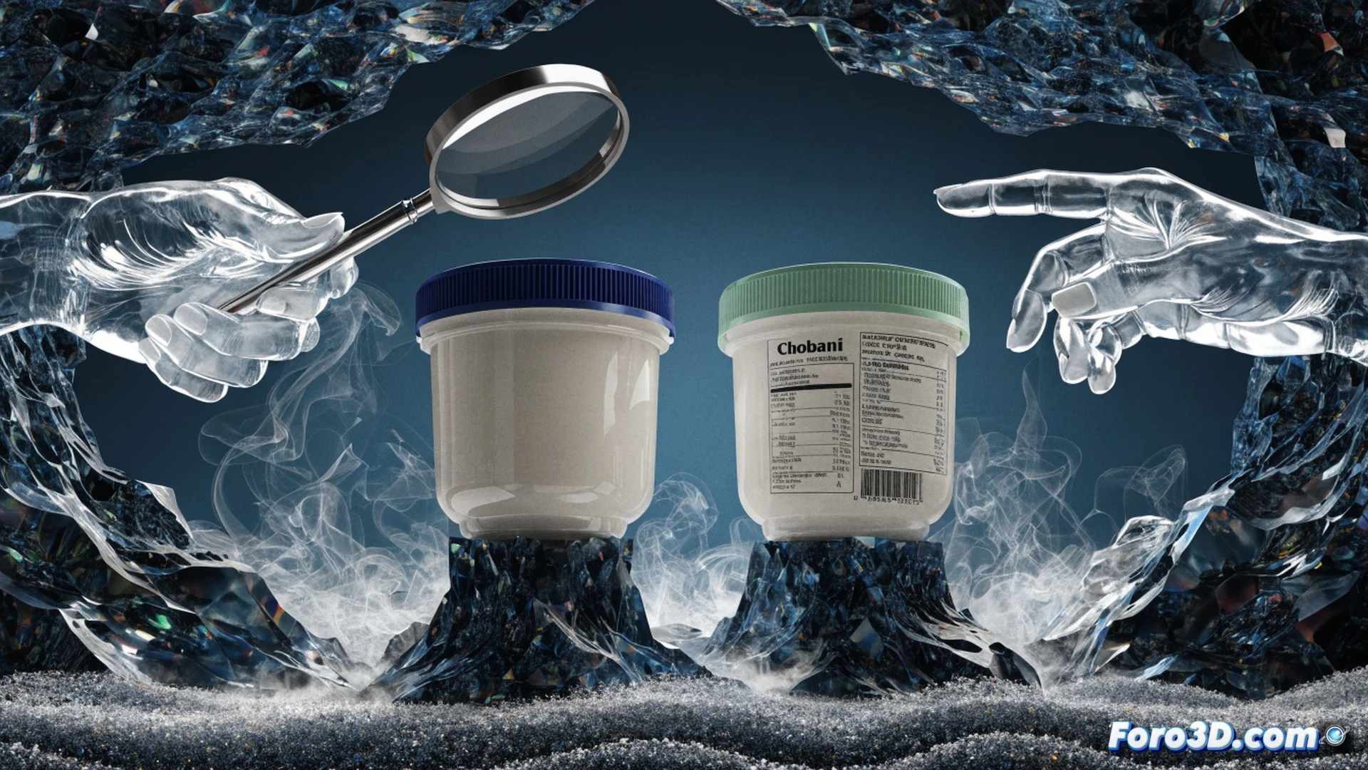 close-up photorealistic scene of two yogurt cups side by side, left cup labeled with exaggerated protein powder spilling from a torn foil, right cup showing a magnifying glass held over its nutrition label, digital scale displaying inflated protein numbers in red, forensic light revealing hidden ingredient particles floating in the yogurt, technical illustration style, cold clinical lighting, macro lens detail, textured plastic lids, condensation droplets on cups, legal document with seal partially visible in background, dramatic shadows emphasizing contrast between real and claimed protein content