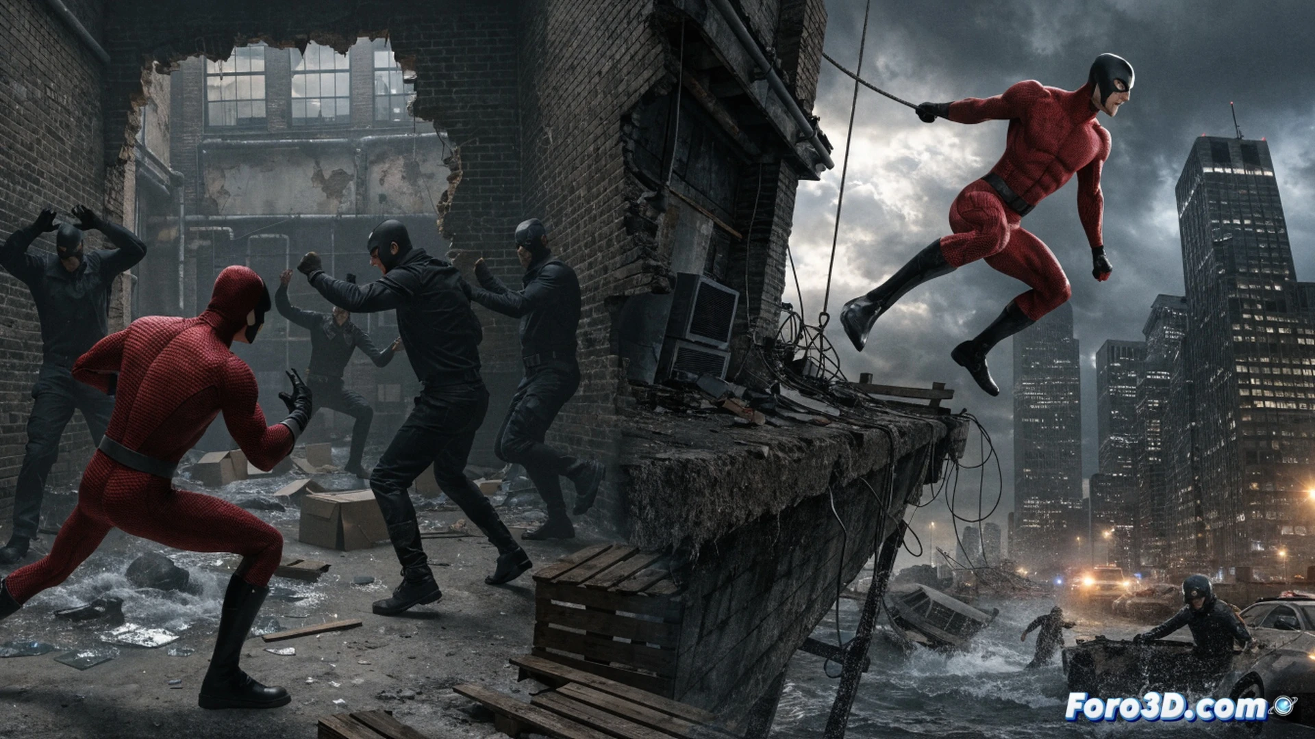 Daredevil leaping from a rain-slicked rooftop, mid-air combat sequence with water splashing from a broken fire hydrant, complex acrobatic kick aimed at an off-screen opponent, wires and stunt rigging barely visible at the edges, cinematic action shot, dynamic motion blur on his red suit, droplets frozen in time under harsh street-level lighting, gritty urban backdrop of brick walls and rusted fire escapes, photorealistic technical illustration, ultra-detailed fabric texture and wet reflections