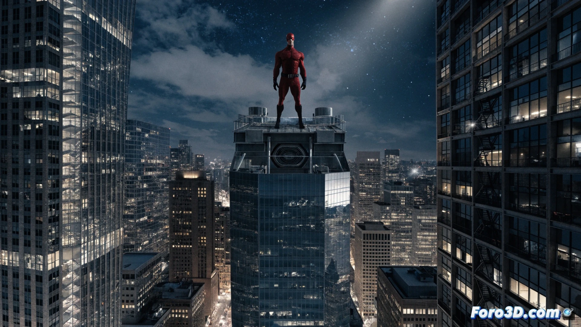 Photorealistic cinematic scene of a digital New York skyline being reconstructed in real-time, a transparent wireframe grid overlays skyscrapers while glowing data streams and particle effects flow between buildings, a dark silhouette of Daredevil in action pose stands on a rooftop edge, motion blur on neon reflections, technical illustration style with visible 3D modeling tools, monitor screens showing rendering software interfaces in background, dramatic blue and orange lighting, ultra-detailed architectural geometry, demonstrating invisible VFX process during post-production, high-contrast urban atmosphere