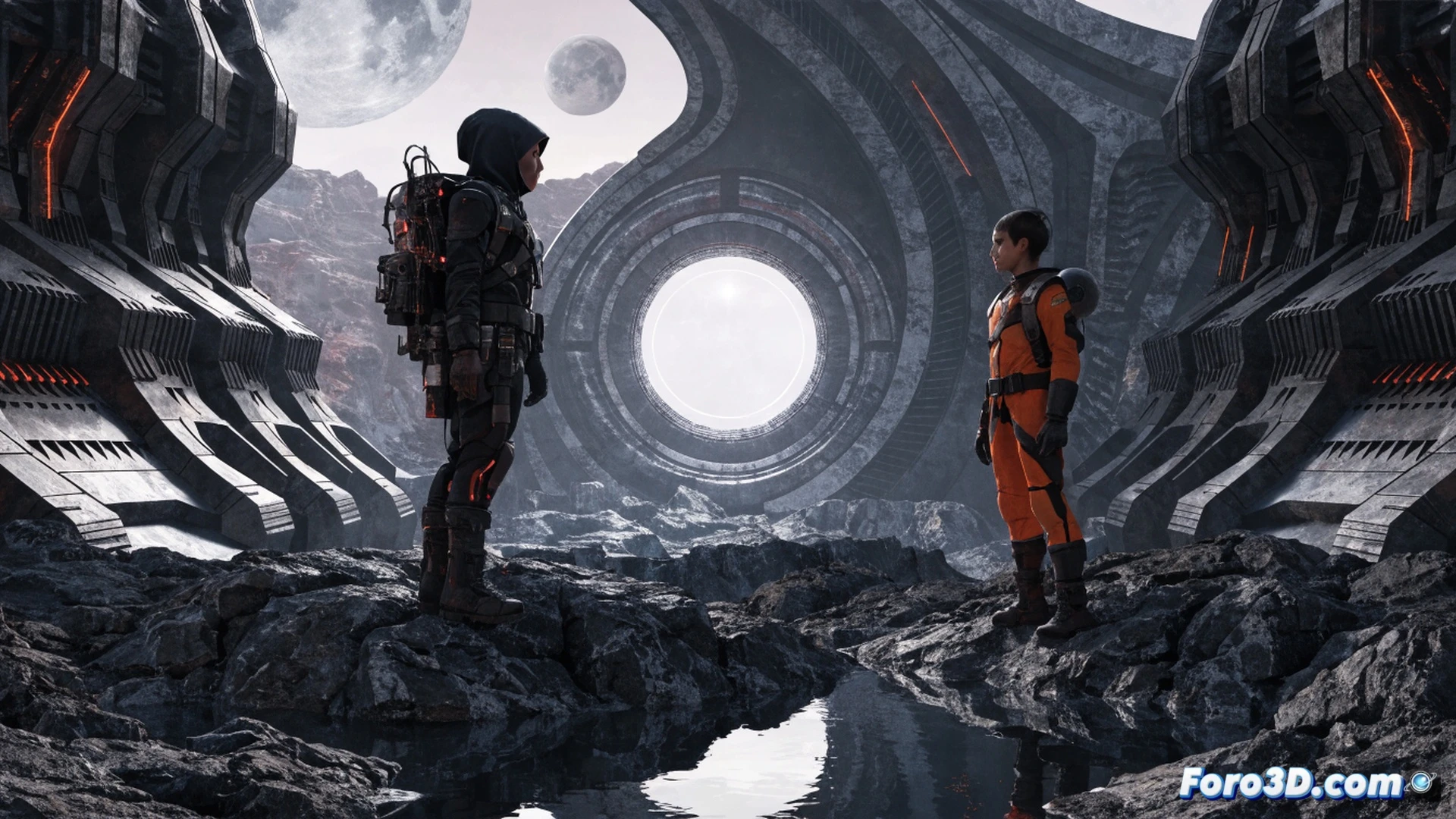 spaceship landing bay with three moons visible through a large window, two young explorers examining a holographic map projected from a wrist device, glowing data streams floating around them, mysterious alien artifacts on a metal table, technical engineering visualization, cinematic lighting with blue and orange contrast, sleek sci-fi interior with control panels and cables, photorealistic render, ultra-detailed mechanical surfaces, dramatic shadows, action scene showing discovery process