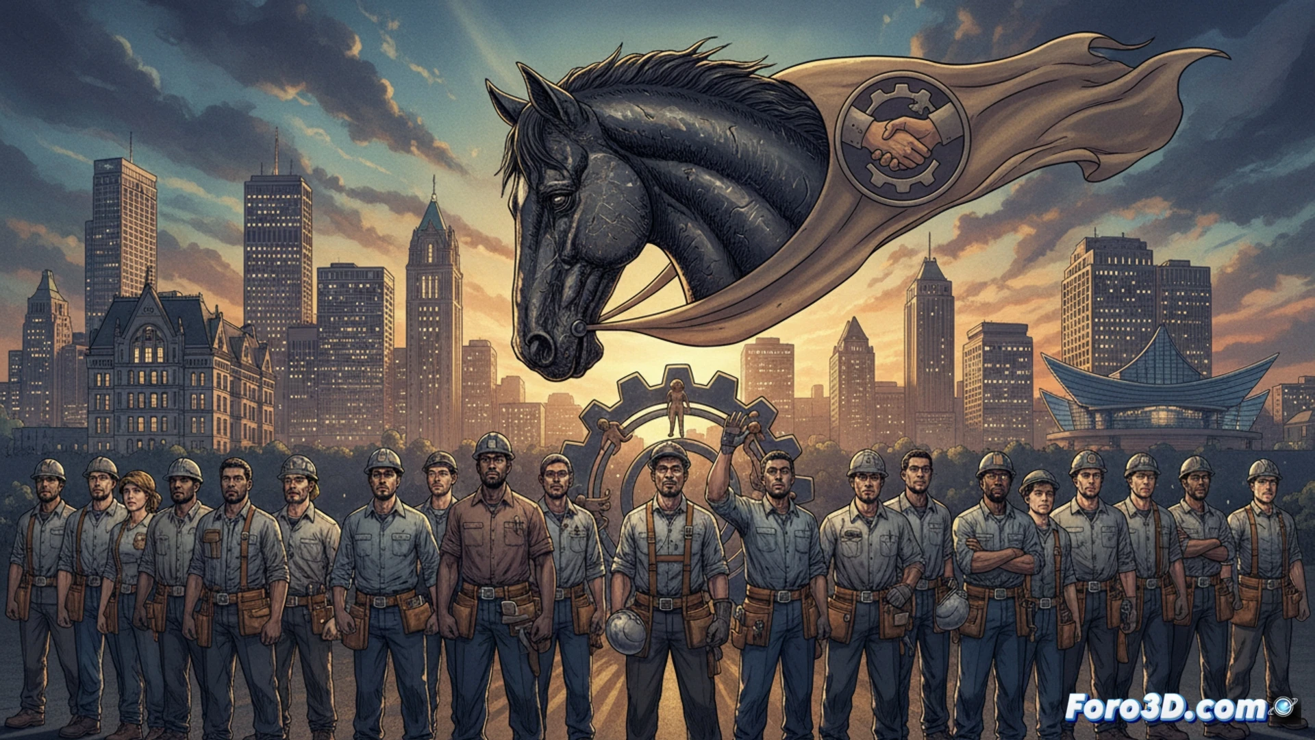 photorealistic cinematic scene of 59 diverse comic book workers in a bright Milwaukee warehouse, standing together with raised Union pledge cards, one worker handing a formal recognition document to a Dark Horse manager, manager accepting with a handshake, comic art boards and graphic novels visible on desks, iMacs with Wacom tablets in background, warm industrial lighting streaming through tall windows, workers smiling with relief, technical illustration style, clean editorial aesthetic, dramatic yet hopeful atmosphere, detailed facial expressions, soft shadows on polished concrete floor