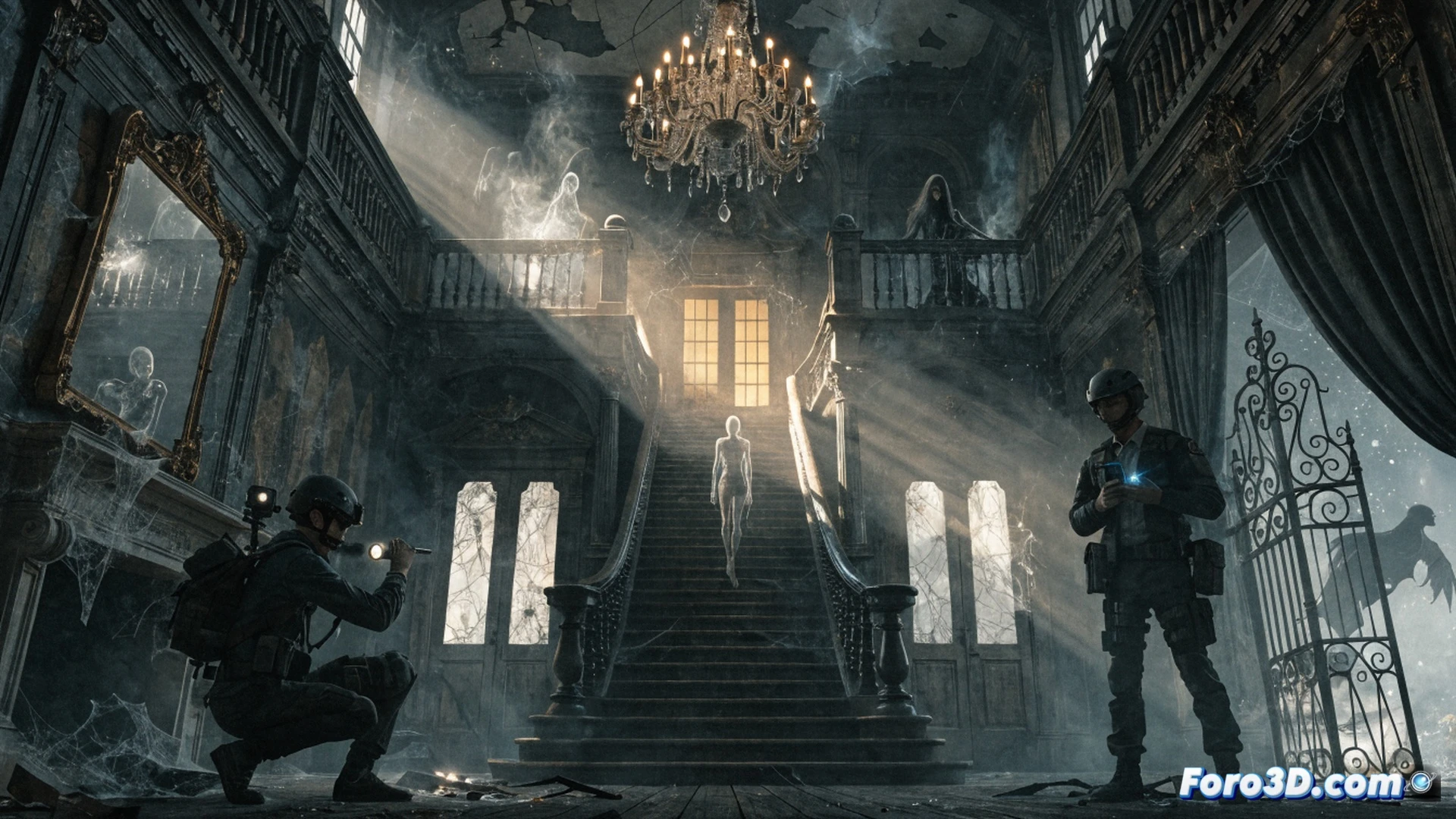 cinematic scene inside a dark Victorian mansion, a streamer wearing headphones and a headset staring at a glowing laptop screen, chat messages floating in the air as ghostly glowing symbols, a translucent spectre reaching toward a vintage camera on a tripod, cables and streaming gear scattered on a wooden floor, motion blur from a flickering chandelier, dramatic low-key lighting with blue and purple tones, photorealistic technical render, ultra-detailed textures on the walls and equipment