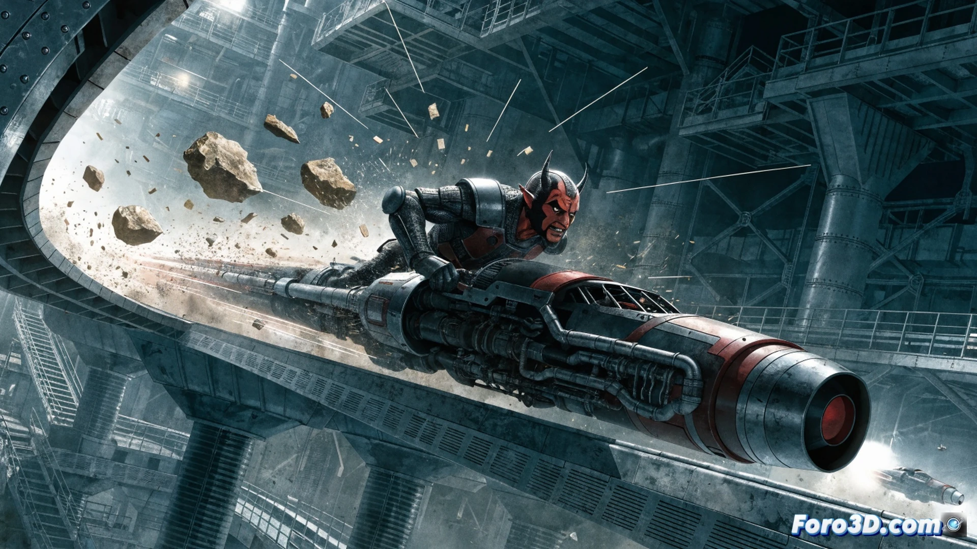 Darth Maul en un podracer modificado atravesando una pista en Janix, cascos de repuesto y cables expuestos en el vehículo, explosión de un casino al fondo durante la carrera, humo y chispas metálicas, herramientas de sabotaje visibles en el panel de control del pod, estilo cinematográfico hiperrealista, iluminación dramática con neones rojos y naranjas, movimiento borroso en las ruedas de repulsor, detalle técnico en los conductos de combustible y sistemas de refrigeración, sombras marcadas, textura de metal oxidado y carbón, acción congelada en el momento exacto del golpe maestro.