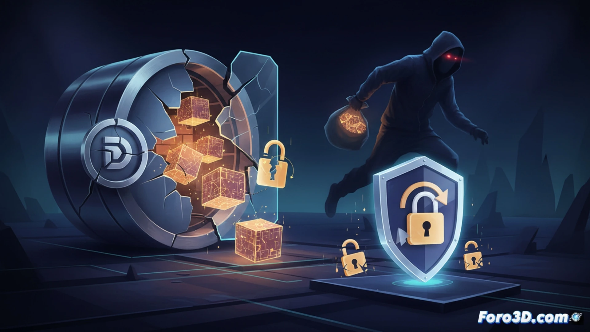 digital security breach scene, hacker terminal screen showing force brute attack code execution, encrypted vault icons being downloaded one by one from a server rack, glowing padlock symbols over data streams, master key icon floating above a two-factor authentication shield, cinematic technical illustration style, dark blue and red neon lighting, server room background with blinking LED indicators, realistic hardware details like Ethernet cables and cooling vents, dramatic shadows highlighting the encryption process, photorealistic engineering visualization