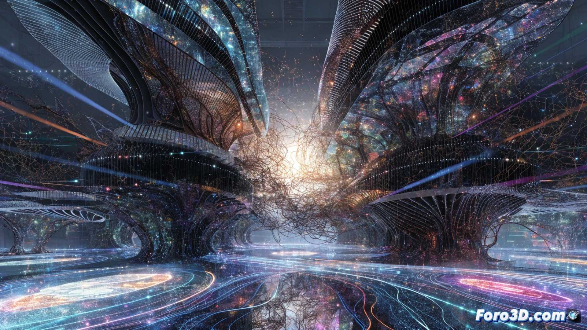 A visitor walking through a luminous rainforest gallery, their heartbeat and temperature displayed as pulsing light patterns on a transparent screen, sensors embedded in wristbands and floor tiles capturing biometric data in real time, AI-generated foliage shifting color and sound based on the person's pulse, holographic data streams flowing from the visitor's chest into the surrounding digital trees, cinematic photorealistic visualization, soft blue and green neon lighting, glowing particle trails connecting human to machine, ultra-detailed sensor arrays and projection hardware, immersive futuristic museum interior
