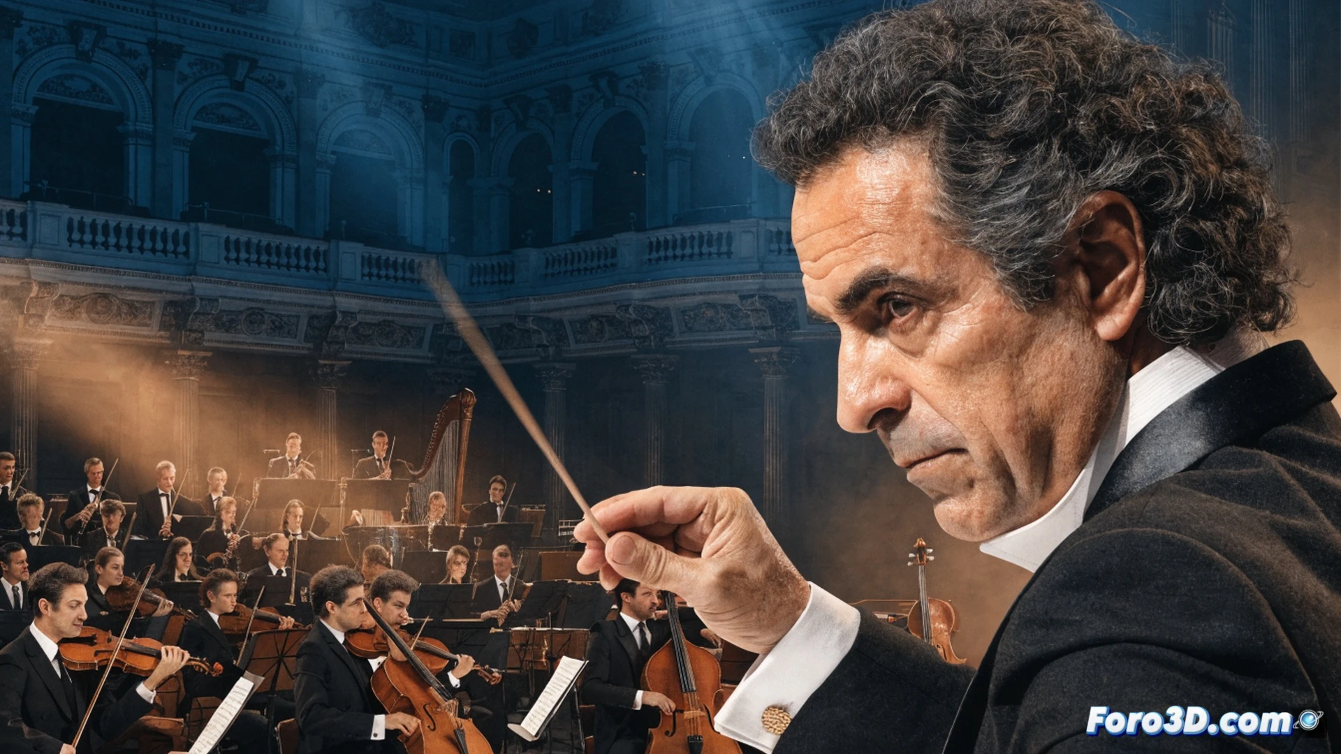 orchestra conductor silhouette on dimly lit stage, baton raised mid-motion during final concert, musicians playing string instruments in deep focus, sheet music stands with scattered notes, grand piano lid reflecting spotlight, warm amber stage lights mixing with cool blue backstage glow, cinematic wide-angle shot, photorealistic concert hall atmosphere, dust particles floating in light beams, dark velvet curtains framing the scene, emotional farewell tension visible in conductor’s posture, ultra-detailed wood grain on instruments, dramatic chiaroscuro lighting