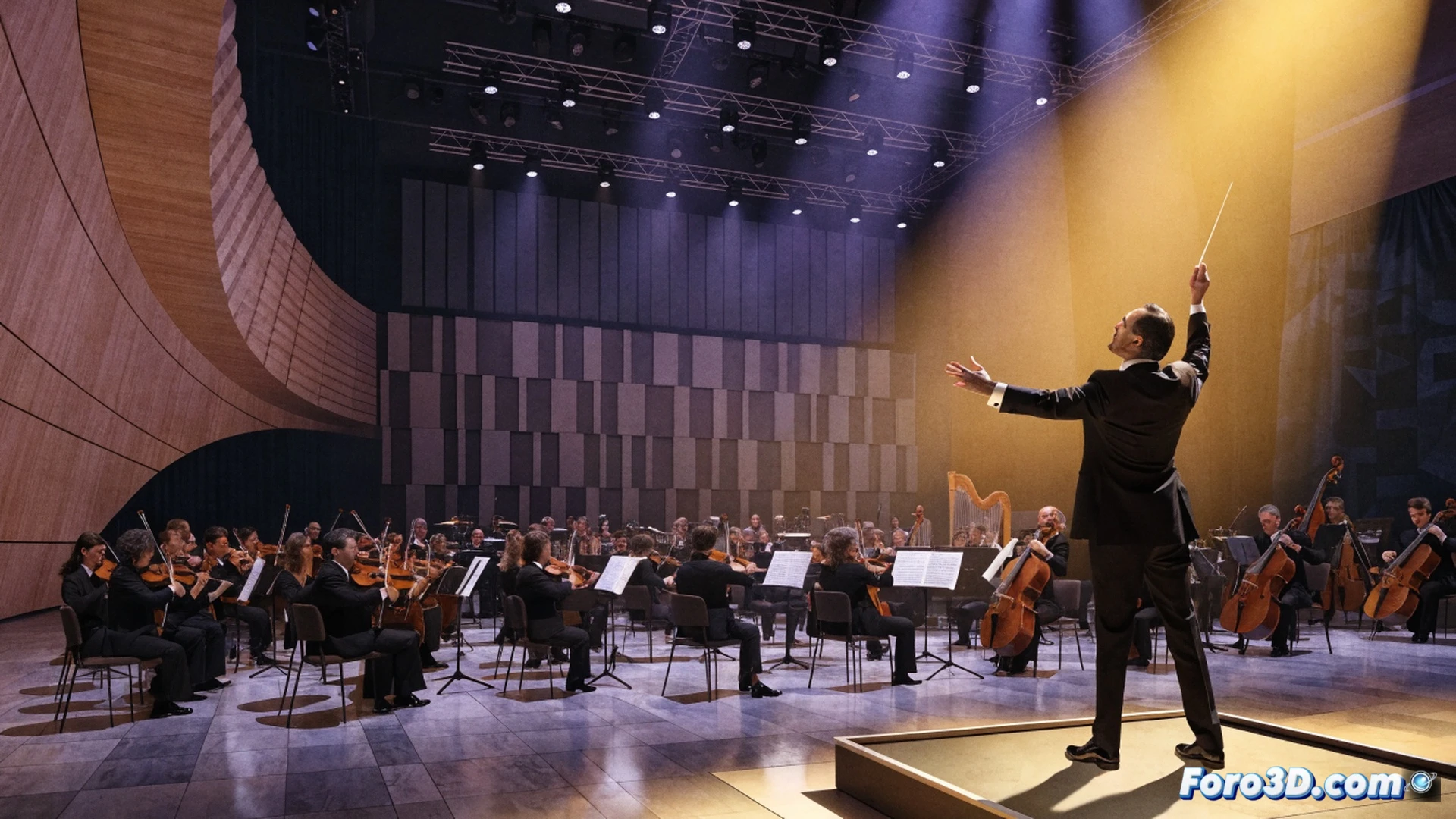 David Afkham conducting the Orquesta Nacional de España during Mahler’s Ninth Symphony, conductor’s baton in mid-air motion, orchestra musicians playing string and wind instruments intensely, auditorium stage with acoustic panels and microphones, sheet music stands reflecting stage lights, cinematic performance visualization, dramatic chiaroscuro lighting on the podium, blurred audience silhouettes in deep shadow, brass section gleaming under spotlights, photorealistic concert hall scene