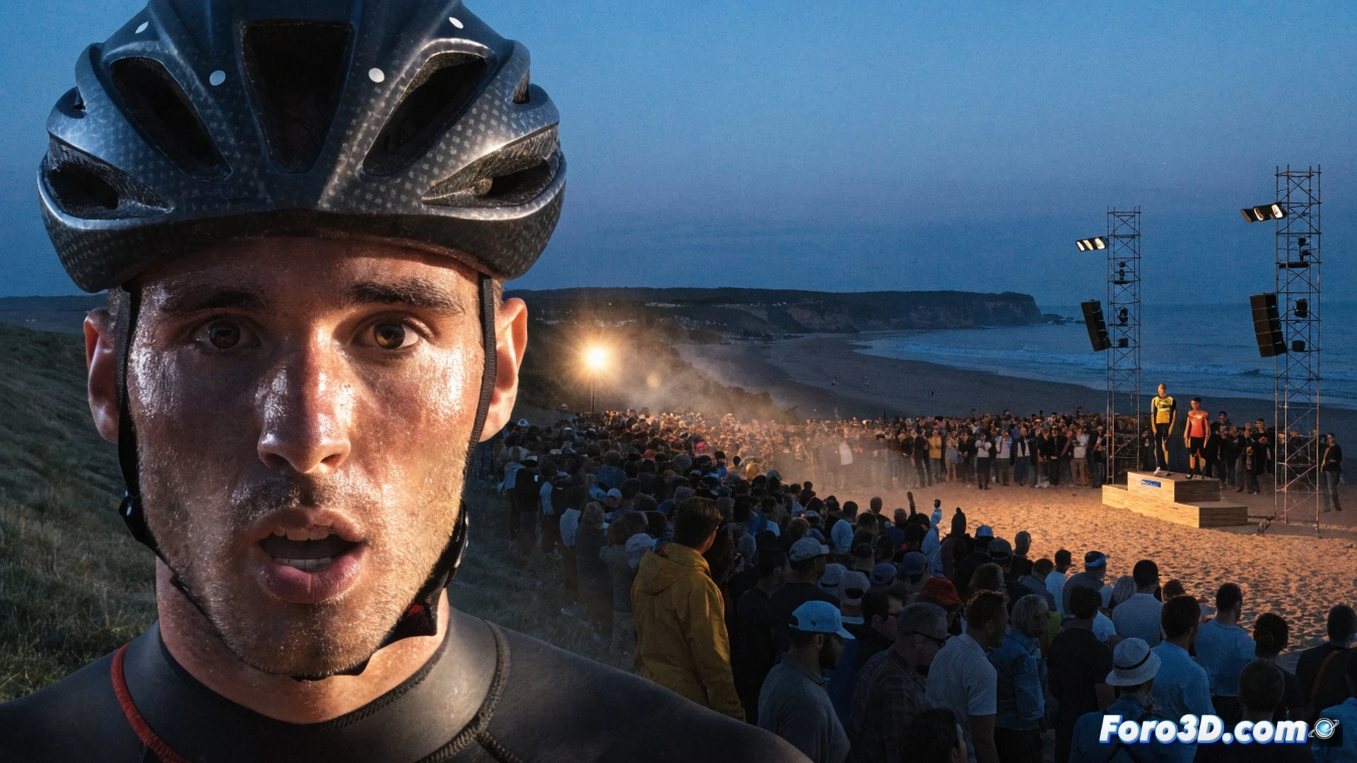 triatleta masculino en plena carrera de esprint sobre asfalto mojado en Quiberon, brazada potente y zancada larga durante la transición de bicicleta a carrera a pie, casco aerodinámico desabrochado, zapatillas de clavos levantando gotas de agua, dorsal número 4 visible en el pecho, fondo de gradas con banderas francesas desenfocadas, cronómetro digital en primer plano marcando tiempo de podio, estilo cinematográfico deportivo, iluminación de atardecer nublado, alto contraste, textura de asfalto granulada, profundidad de campo dinámica, photorealistic sports render
