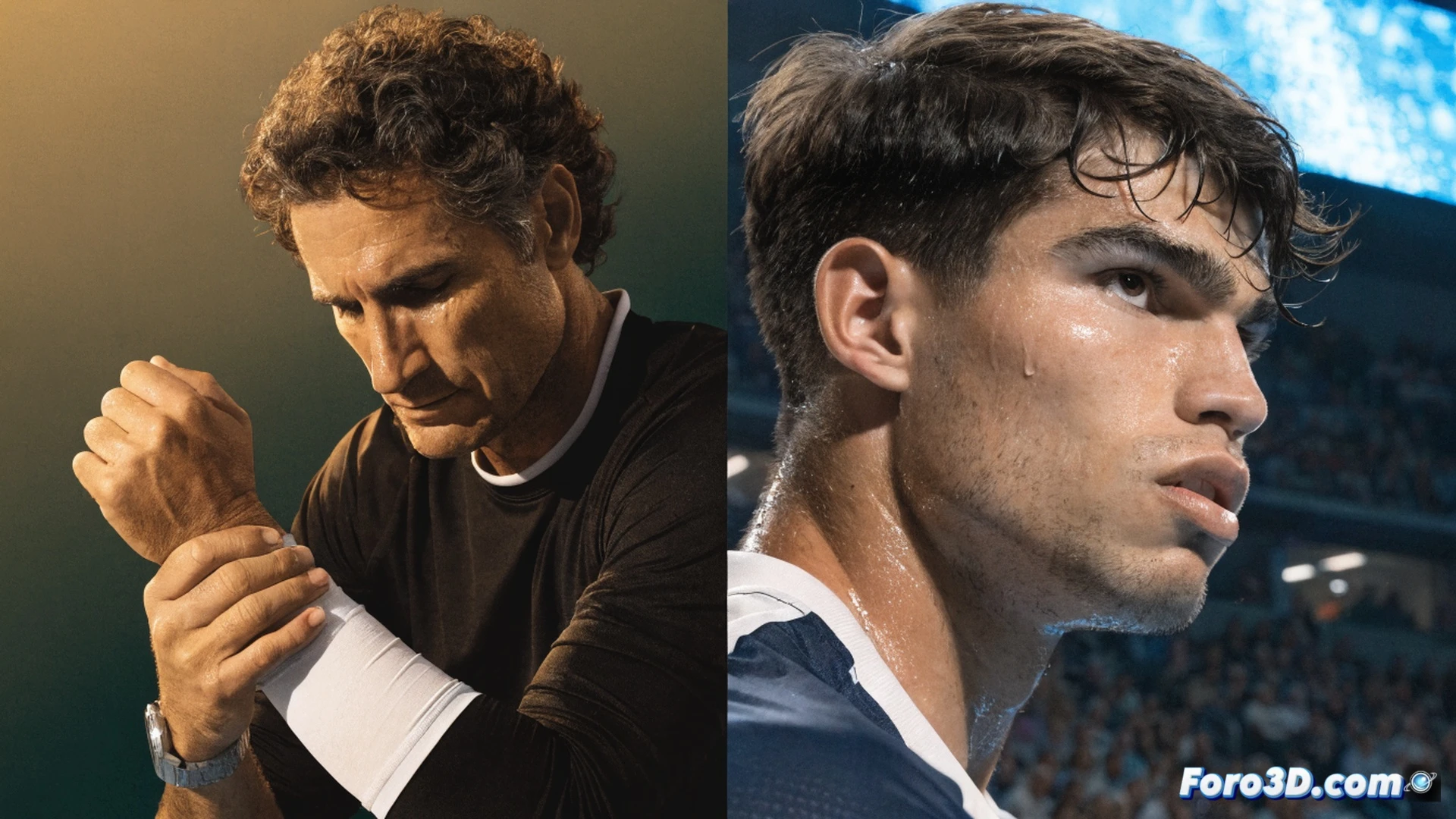 Tennis court at sunrise, David Ferrer holding a stopwatch in one hand while gesturing pause with the other, Carlos Alcaraz seated on a bench flexing a bandaged wrist, a racket resting beside him with loosened strings, medical tape and an ice pack visible on the court surface, Ferrer pointing toward a distant tournament banner, calm deliberate atmosphere, cinematic photorealistic style, warm golden light casting long shadows, subtle motion blur on the stopwatch hand, technical detail in wrist brace and racket tension, dramatic low-angle shot emphasizing protective decision-making.